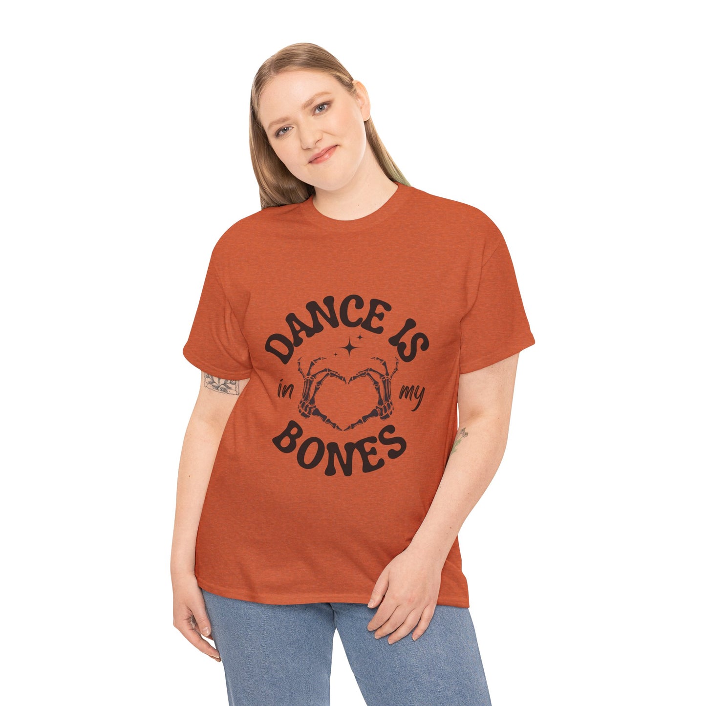 “Dance Is in My Bones” Halloween Dance T-Shirt with Cute Skeleton Heart Graphic - Unisex Heavy Cotton Tee