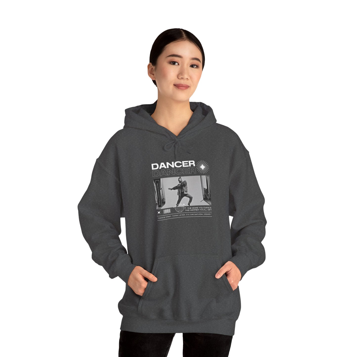 “Dancer” Text with Jazz-Inspired Streetwear-Style Pose Graphic – Unisex Heavy Blend™ Hooded Sweatshirt – Cozy Dance Hoodie for Jazz Dancers & Performing Arts Lovers "