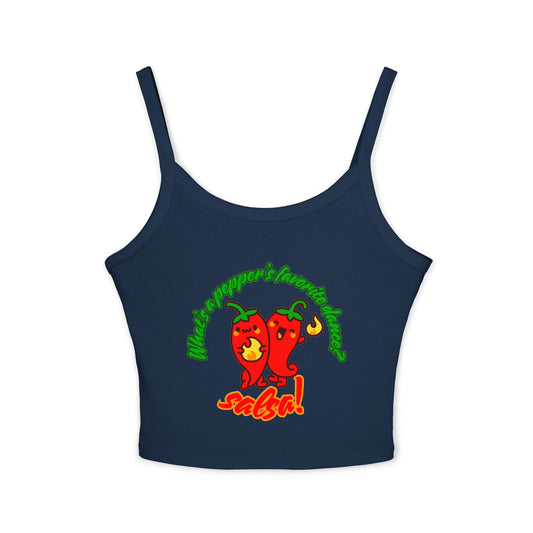 "What’s a Pepper’s Favorite Dance? Salsa!" Women’s Spaghetti Strap Tank Top – Cute Pepper Graphic | Funny Dance Pun Shirt for Dancers & Food Lovers