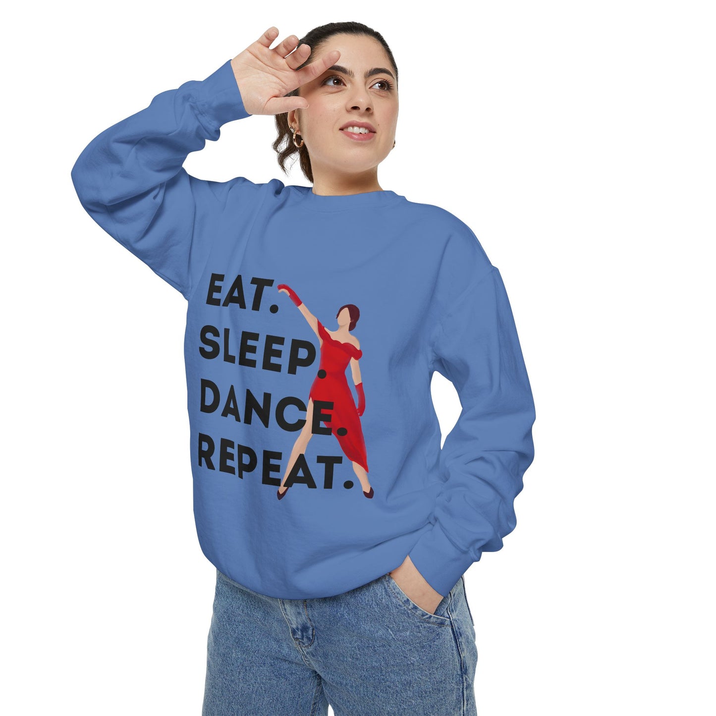 "Eat, Sleep, Dance, Repeat" Unisex Lightweight Crewneck Sweatshirt – Bold Dance Graphic Pullover for Dancers & Studio Life Enthusiasts