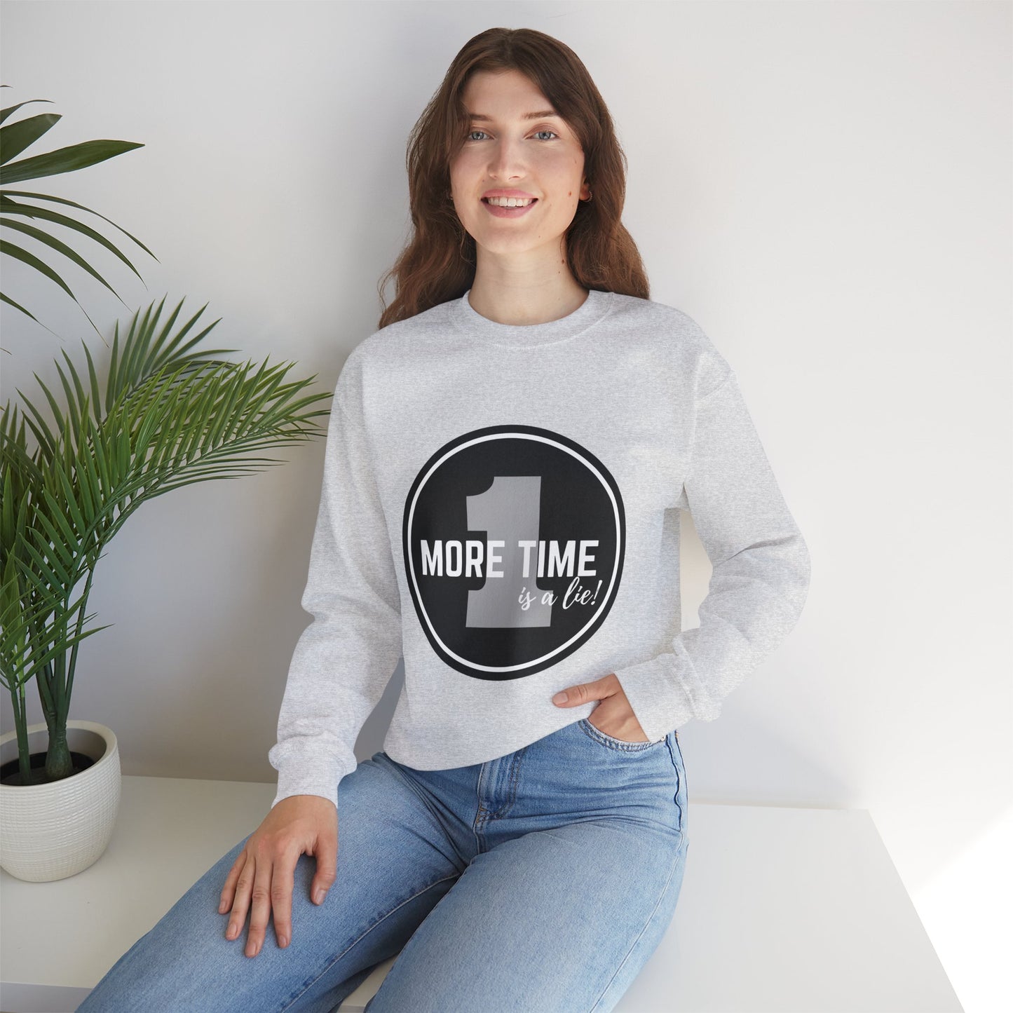 "One More Time Is a Lie." Unisex Heavy Blend Crewneck Sweatshirt – Bold Emblem Graphic Dance Teacher Quote Pullover for Dancers & Studio Life