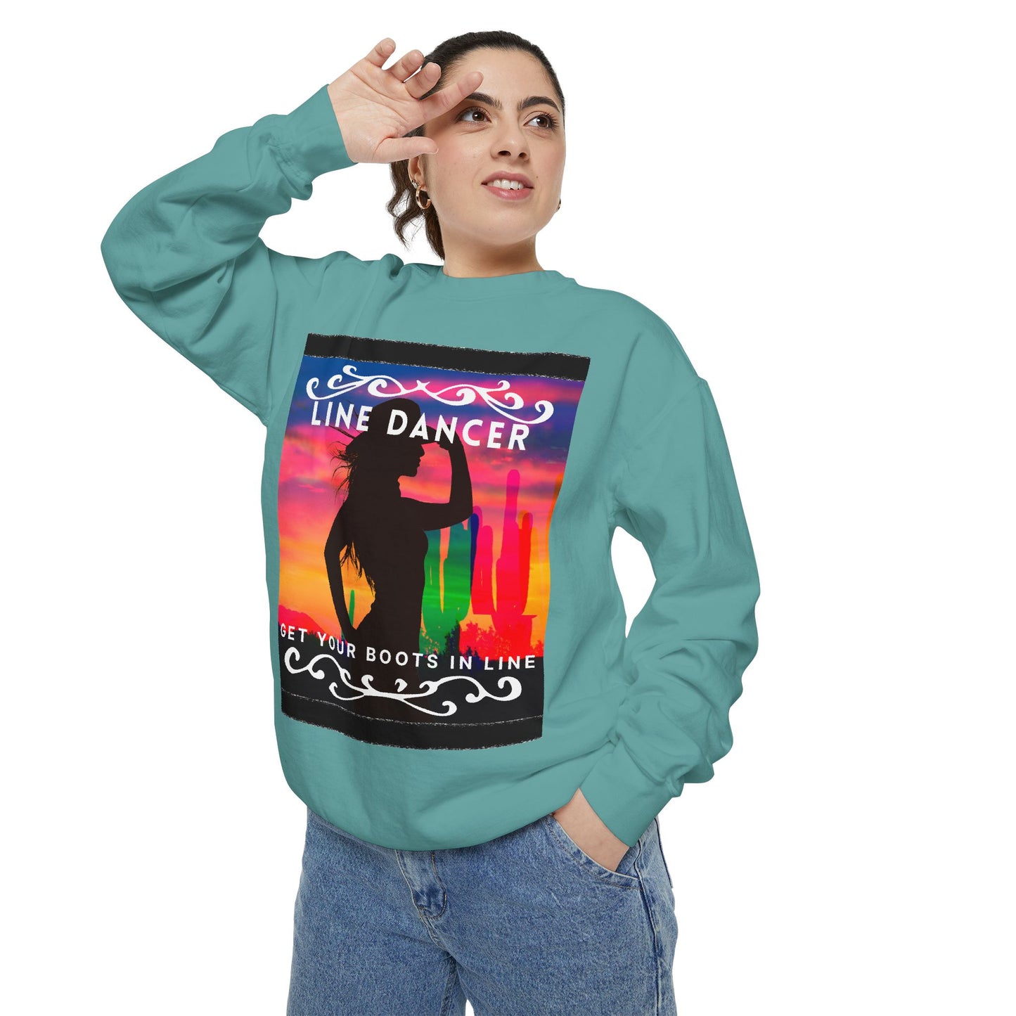 "Line Dancer, Get Your Boots in Line" Unisex Lightweight Crewneck Sweatshirt – Western Dance Graphic Pullover for Country Music & Boot Scootin’ Fans