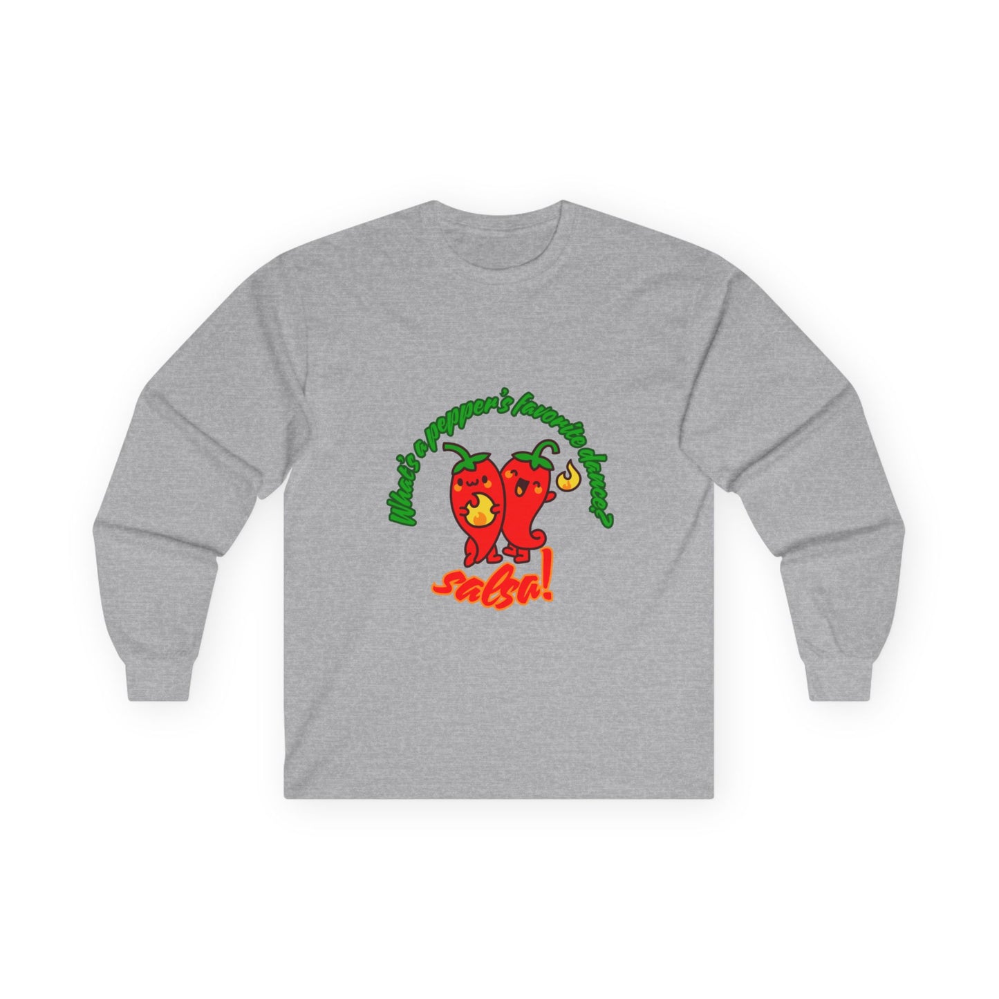 "What’s a Pepper’s Favorite Dance? Salsa!" Unisex Long Sleeve Tee – Funny Dance Pun Shirt with Cute Pepper Graphic for Dancers & Food Lovers