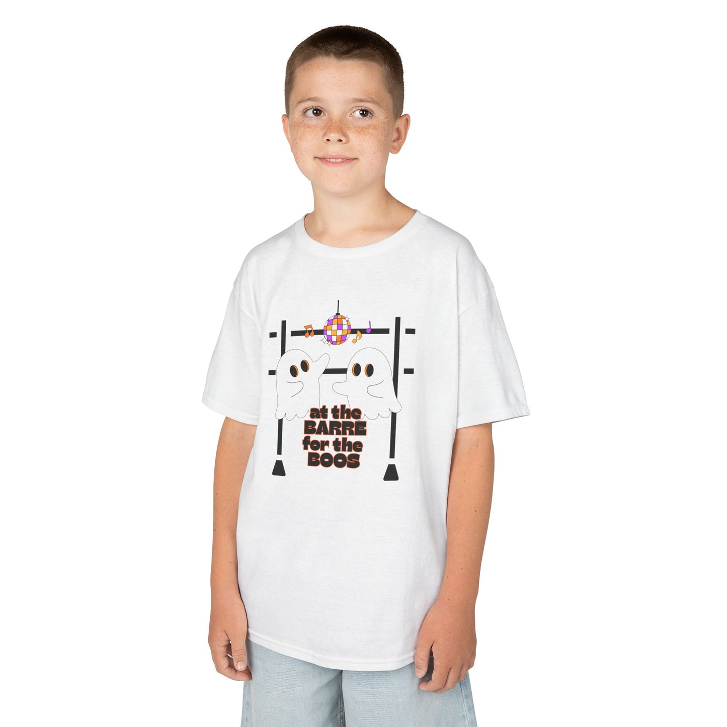 “At the Barre for the Boos” Halloween Dance T-Shirt with Cute Ghost Ballet Graphics - Kids Heavy Cotton™ Tee