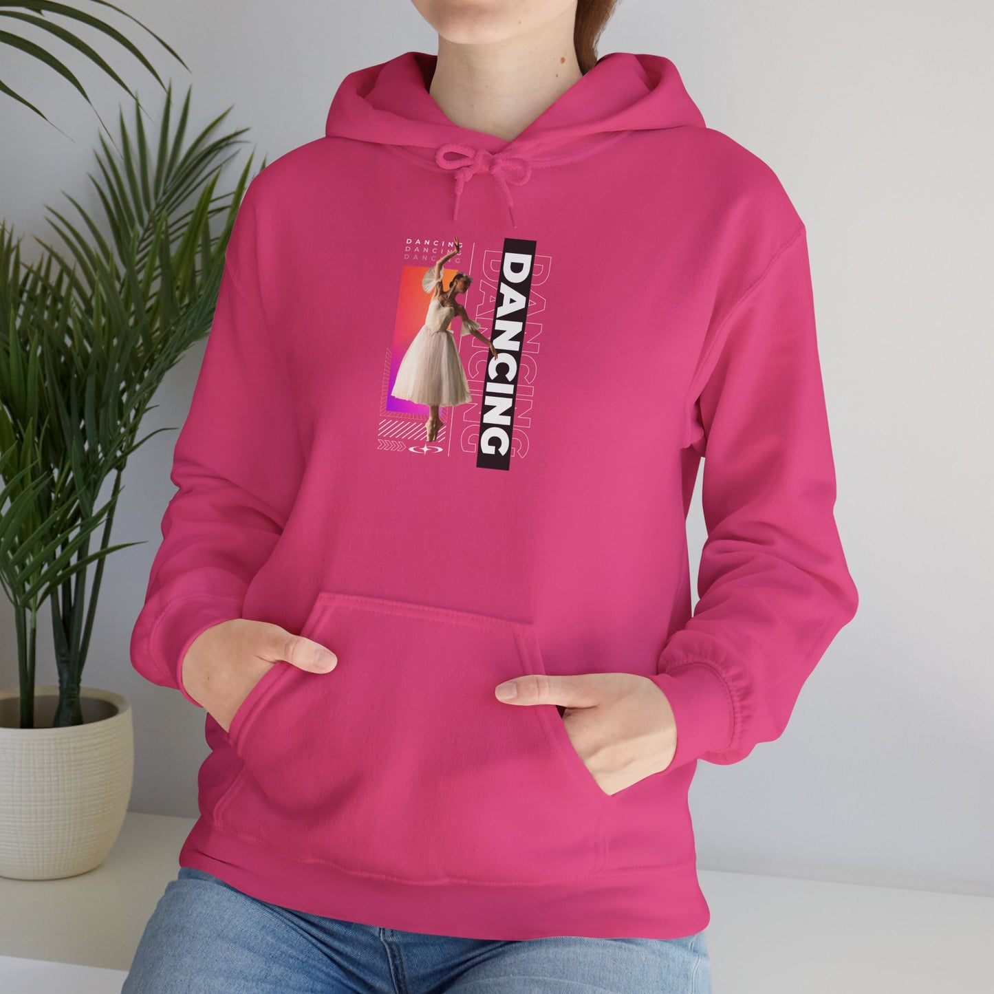 “Dancing” Text with Streetwear-Style Female Dancer Graphic - Unisex Heavy Blend™ Hooded Sweatshirt – Cozy Dance Hoodie for Ballet & Hip-Hop Enthusiasts