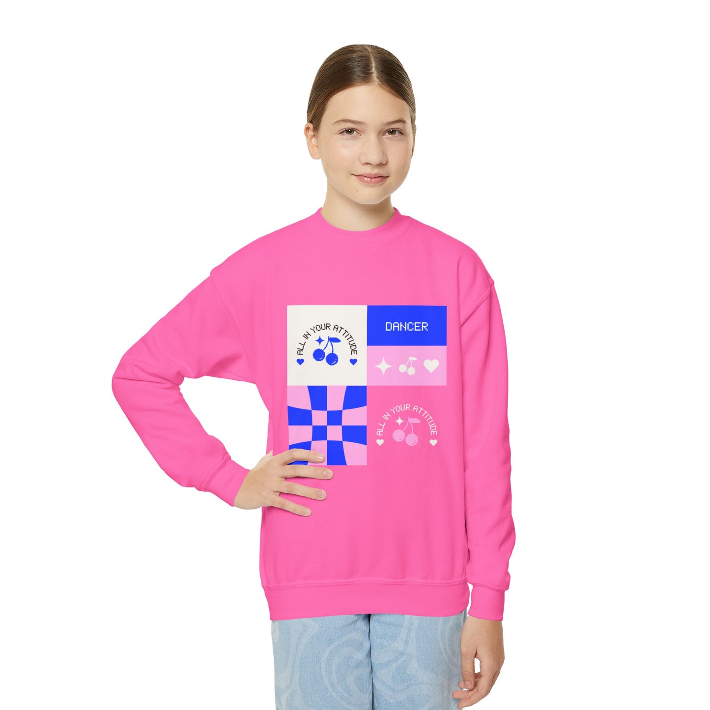 "Dancer – All in Your Attitude" Youth Crewneck Sweatshirt | Retro Dance Graphic Kids Pullover for Confident Movers