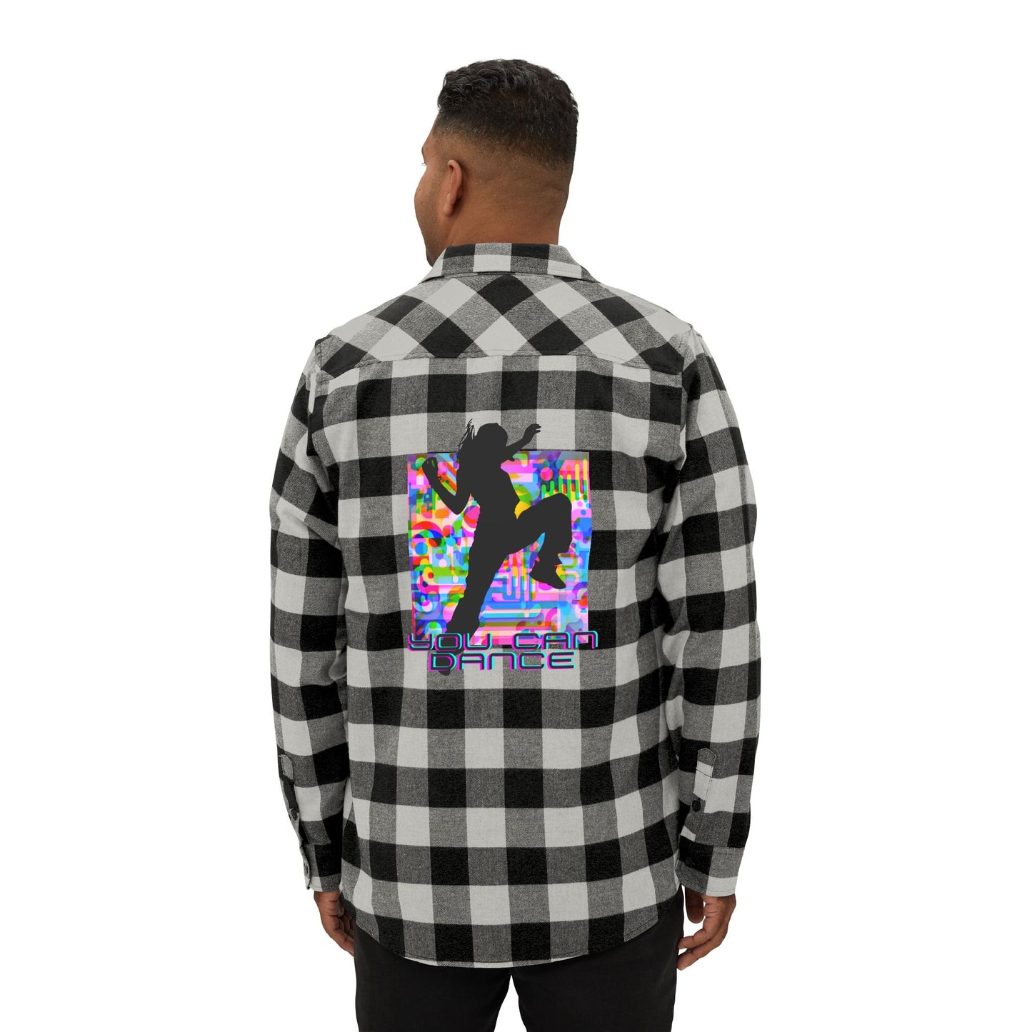 Levels Premium Collection Flannel Shirt – Unisex Streetwear Button-Up with "Levels Pictures Textures" Front Text and Bold Dancer Silhouette Back Graphic