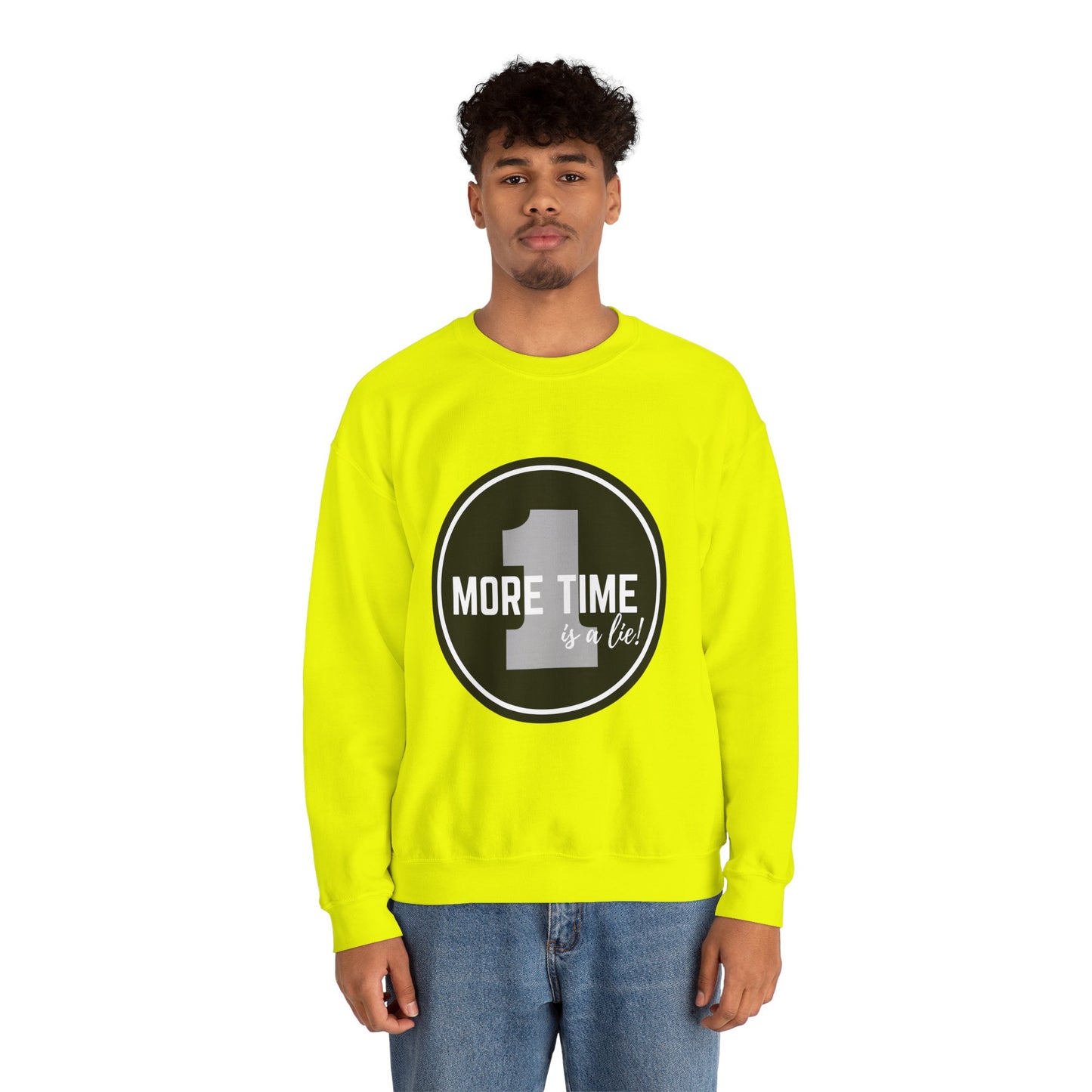 "One More Time Is a Lie." Unisex Heavy Blend Crewneck Sweatshirt – Bold Emblem Graphic Dance Teacher Quote Pullover for Dancers & Studio Life