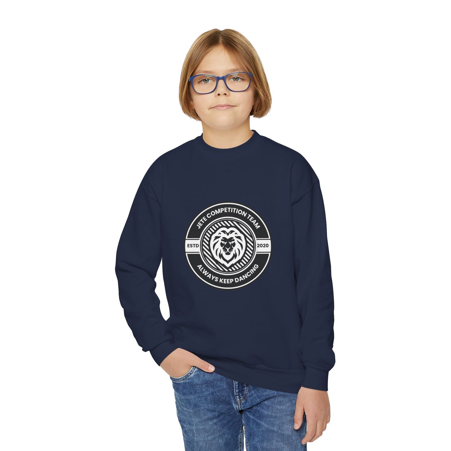 "Jeté Competition Team - Always Keep Dancing" Youth Crewneck Sweatshirt – Bold Collegiate-Inspired Dance Graphic Pullover for Kids and Teens