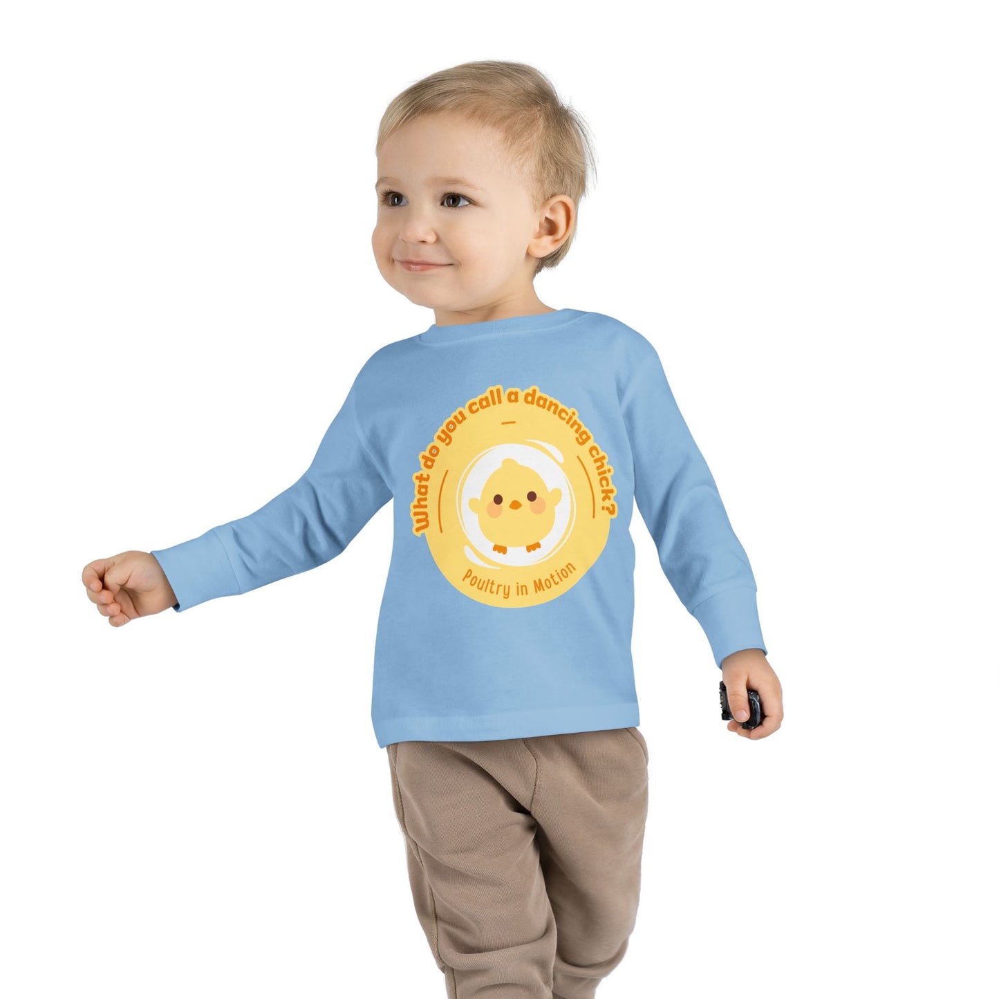 "What Do You Call a Dancing Chick? Poultry in Motion" Toddler Dance T-Shirt – Cute Chicken Graphic Long Sleeve Tee for Kids