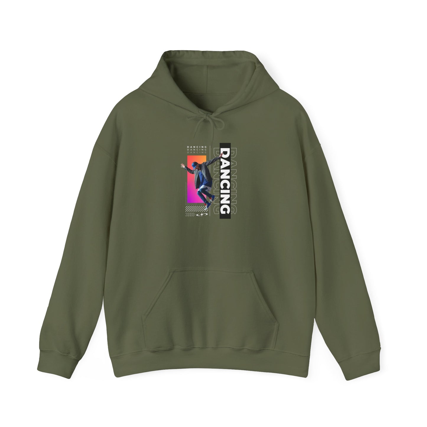“Dancing” Text with Streetwear-Style Male Dancer Graphic – Unisex Heavy Blend™ Hooded Sweatshirt – Cozy Dance Hoodie for Performers & Dance Enthusiasts