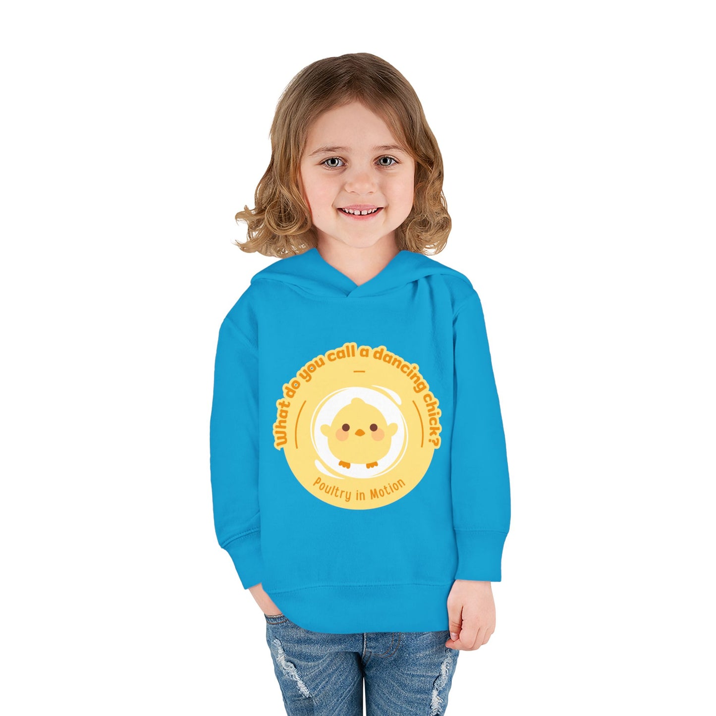 "What do you call a dancing chick? Poultry in Motion." Toddler Pullover Hoodie – Funny Dancing Chicken Pun Graphic Fleece Sweatshirt for Kids