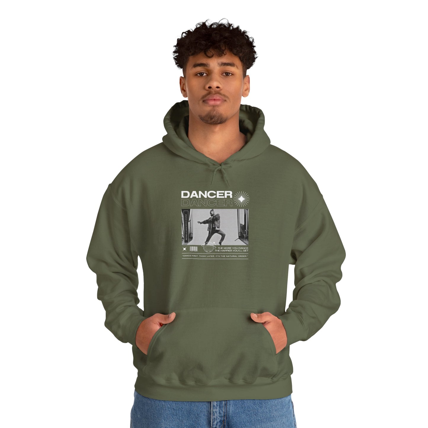 “Dancer” Text with Jazz-Inspired Streetwear-Style Pose Graphic – Unisex Heavy Blend™ Hooded Sweatshirt – Cozy Dance Hoodie for Jazz Dancers & Performing Arts Lovers "