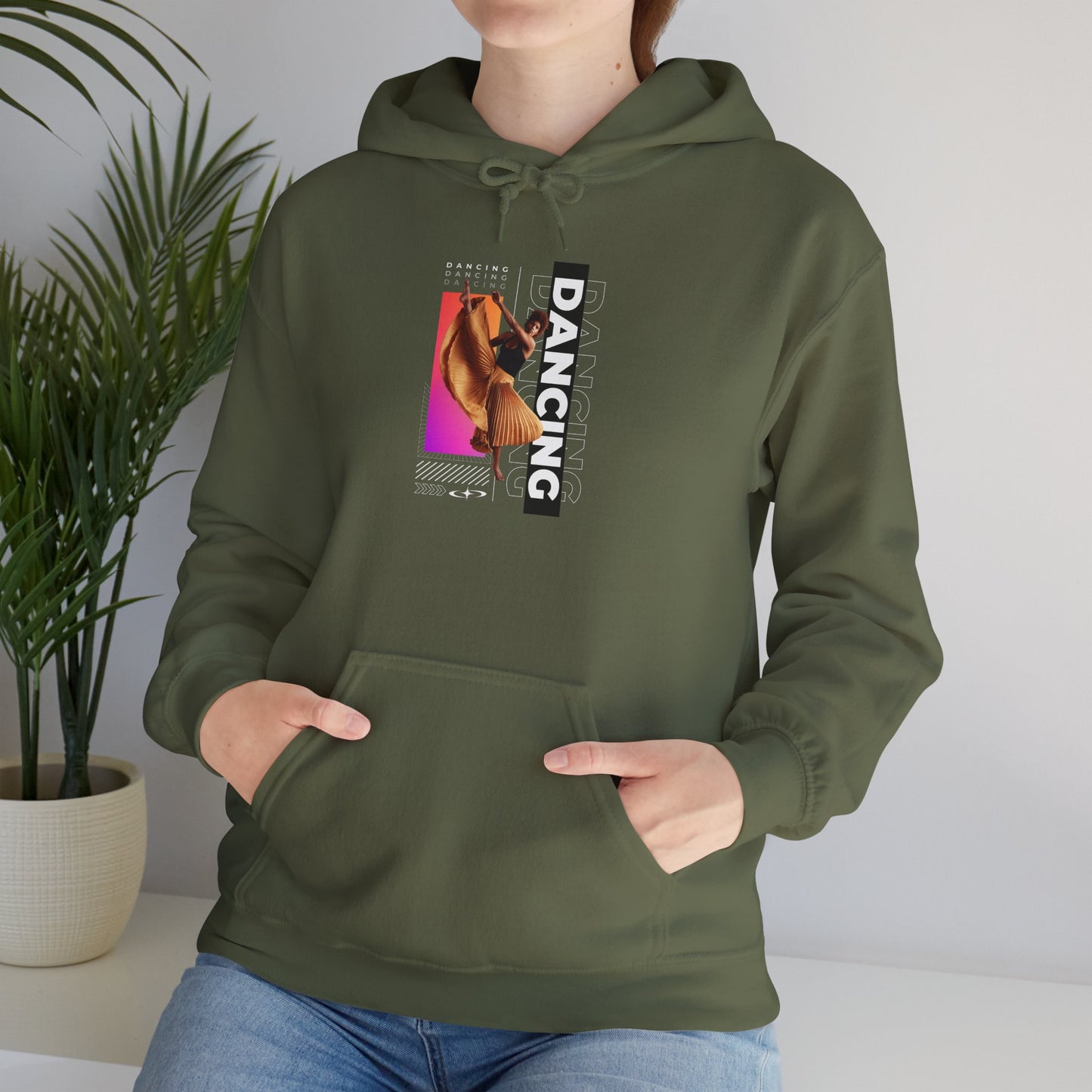 "Dancing” Text with Streetwear-Style Female Dancer Graphic - Unisex Heavy Blend™ Hooded Sweatshirt – Cozy Dance Hoodie for Ballet & Hip-Hop Enthusiasts