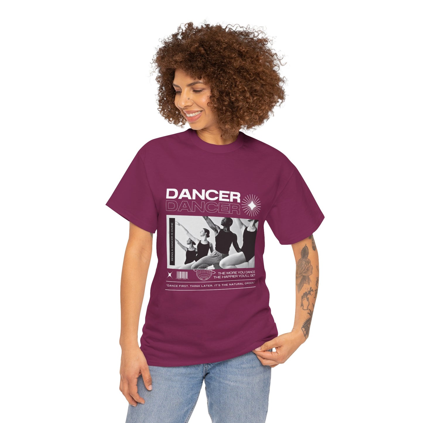 "Dancer" with ballet dancers at the Barre - Unisex Heavy Cotton Tee | Streetwear-Inspired Ballet Training Graphic T-Shirt for Dance Lovers