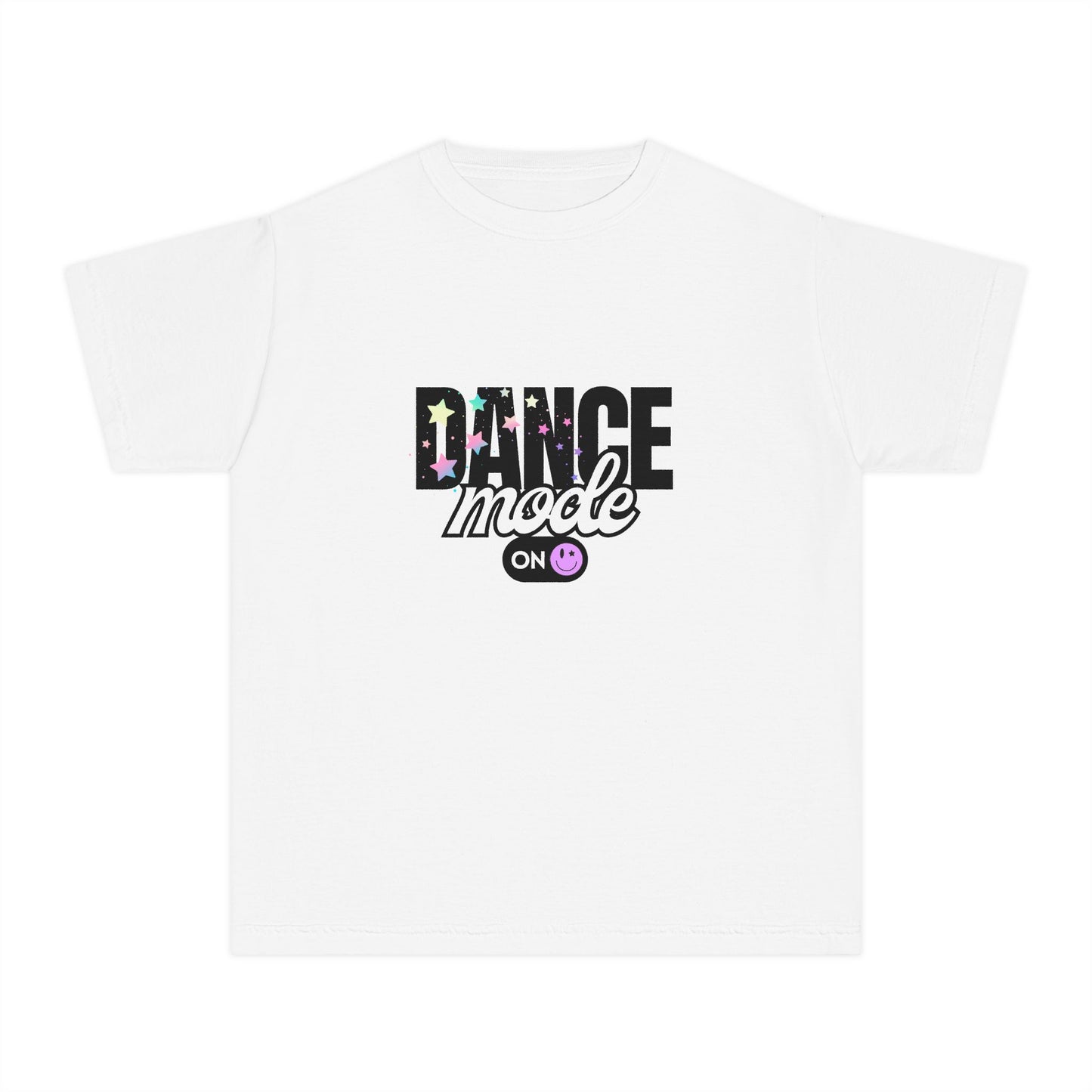 “Dance Mode On" Comfort Colors Youth Midweight T-Shirt – Pastel Stars & Smiley Face Dance Graphic Tee for Kids