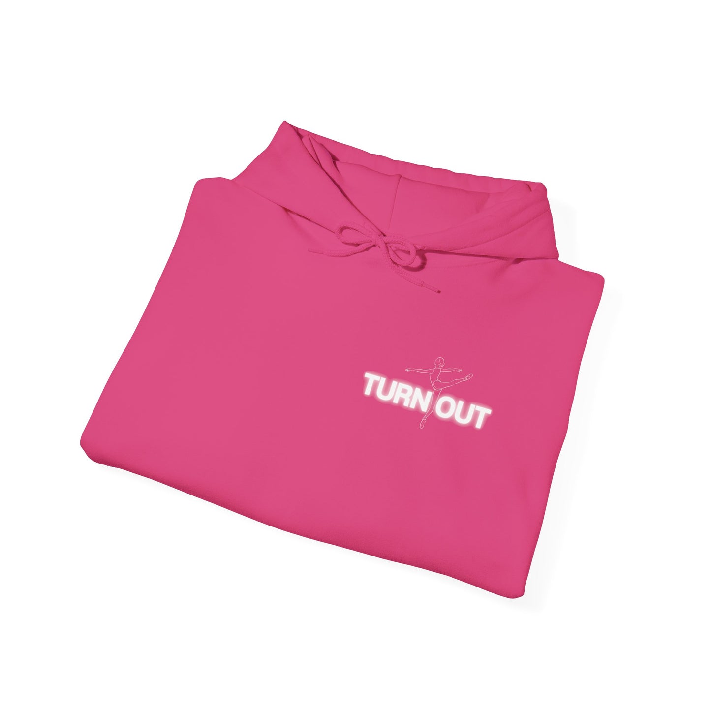 Pink hoodie with 'TURN OUT' text on a white background