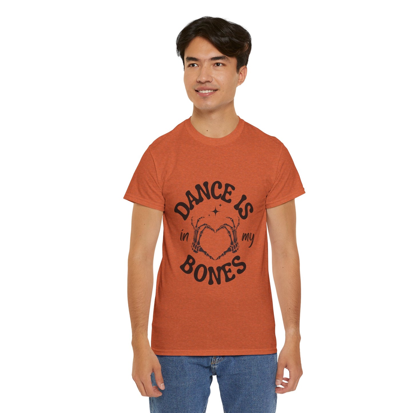 “Dance Is in My Bones” Halloween Dance T-Shirt with Cute Skeleton Heart Graphic - Unisex Heavy Cotton Tee