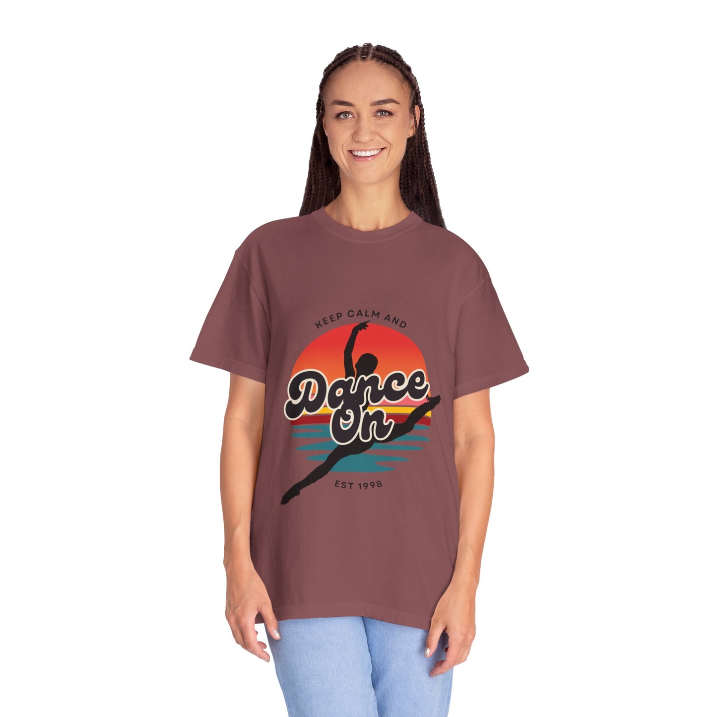 "Keep Calm and Dance On" Unisex Garment-Dyed T-Shirt – Retro Dance Graphic Tee – Vintage-Inspired Comfort Shirt for Dancers
