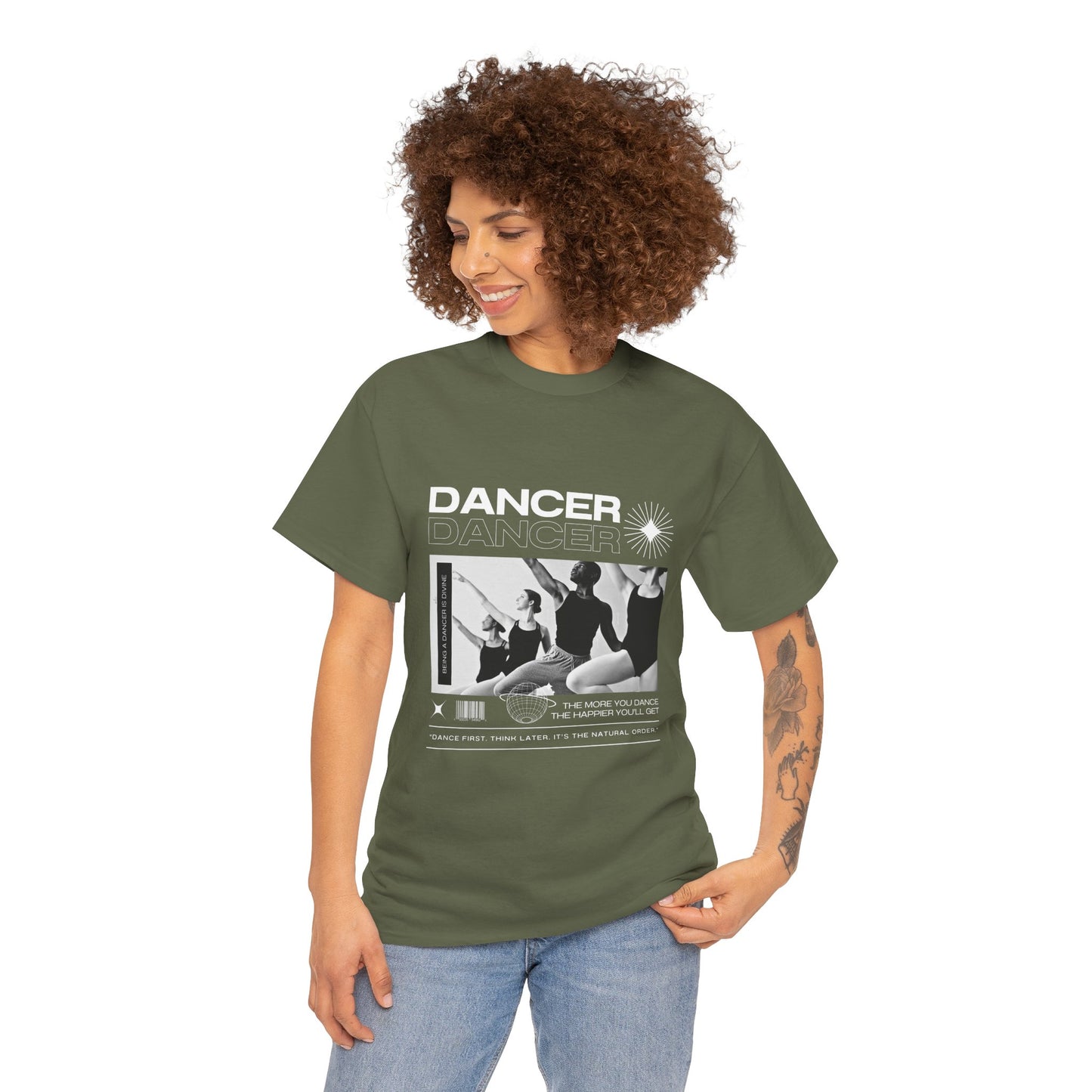 "Dancer" with ballet dancers at the Barre - Unisex Heavy Cotton Tee | Streetwear-Inspired Ballet Training Graphic T-Shirt for Dance Lovers
