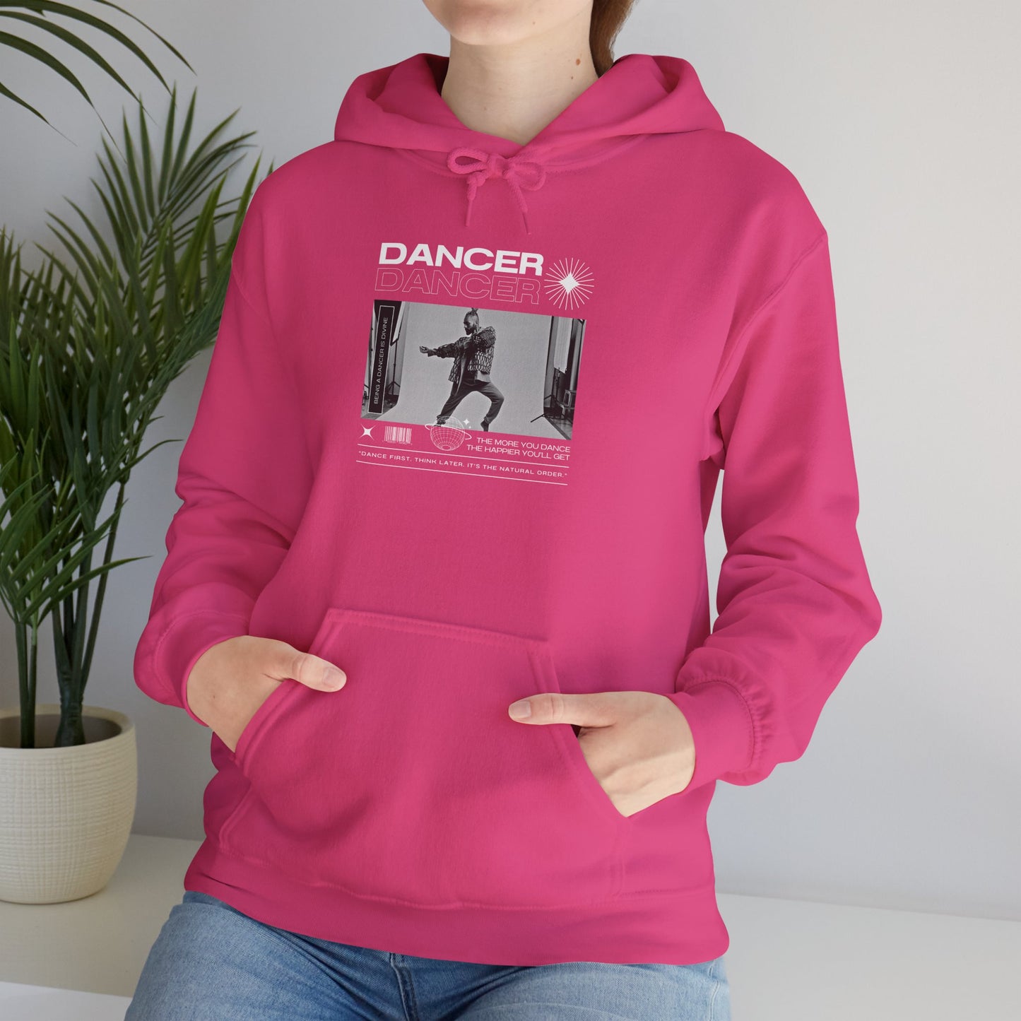 “Dancer” Text with Jazz-Inspired Streetwear-Style Pose Graphic – Unisex Heavy Blend™ Hooded Sweatshirt – Cozy Dance Hoodie for Jazz Dancers & Performing Arts Lovers  "