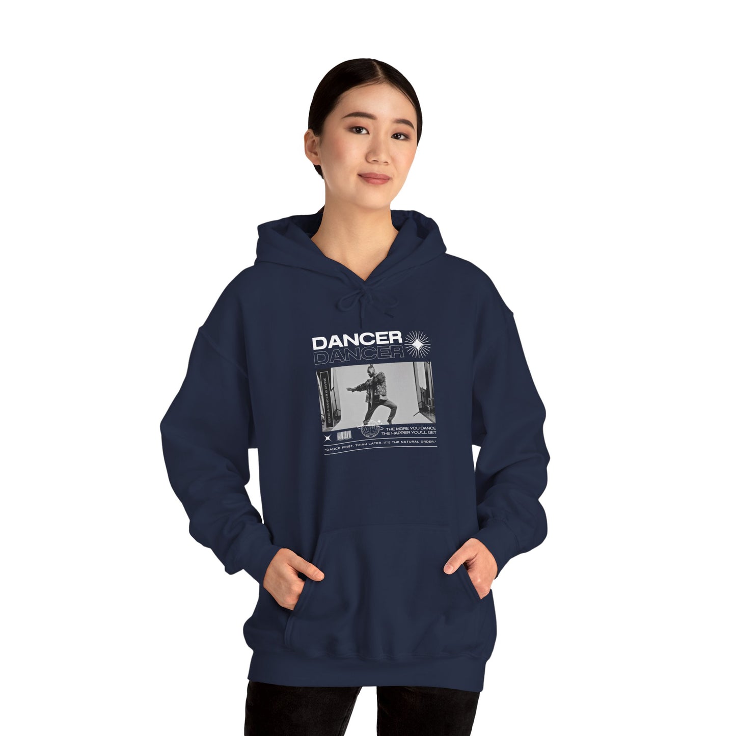 “Dancer” Text with Jazz-Inspired Streetwear-Style Pose Graphic – Unisex Heavy Blend™ Hooded Sweatshirt – Cozy Dance Hoodie for Jazz Dancers & Performing Arts Lovers "