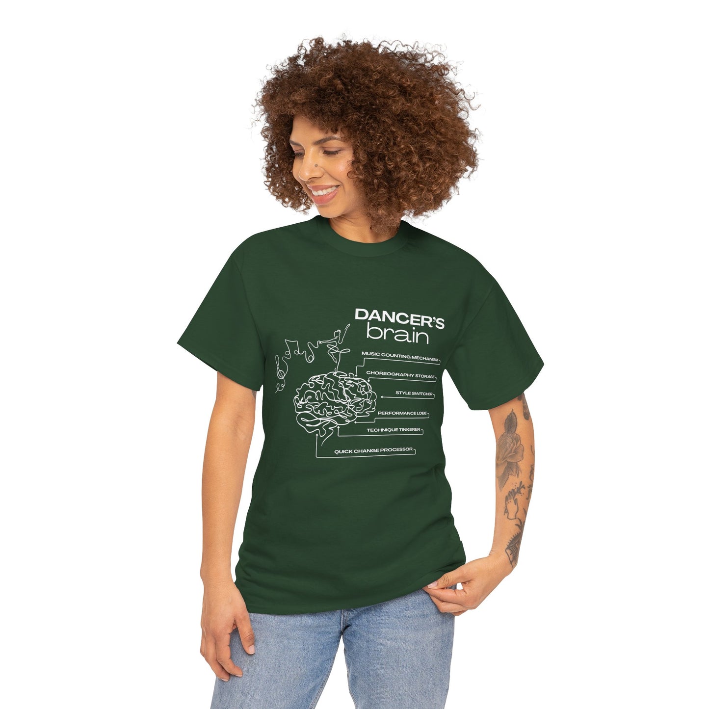“Dancer’s Brain” Funny Dance Anatomy T-Shirt – Unisex Heavy Cotton Tee with Cute Dancer Brain Diagram and Optional Back Personalization