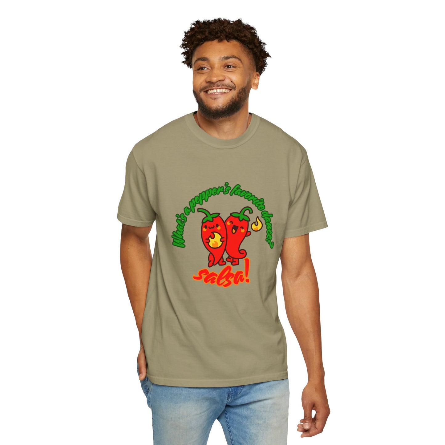 "What's a Pepper's Favorite Dance? Salsa!" Dance Pun Unisex Garment-Dyed T-Shirt – Funny Dance Joke Tee with Cute Pepper Graphic – Dance Humor Shirt for Food & Pun Lovers