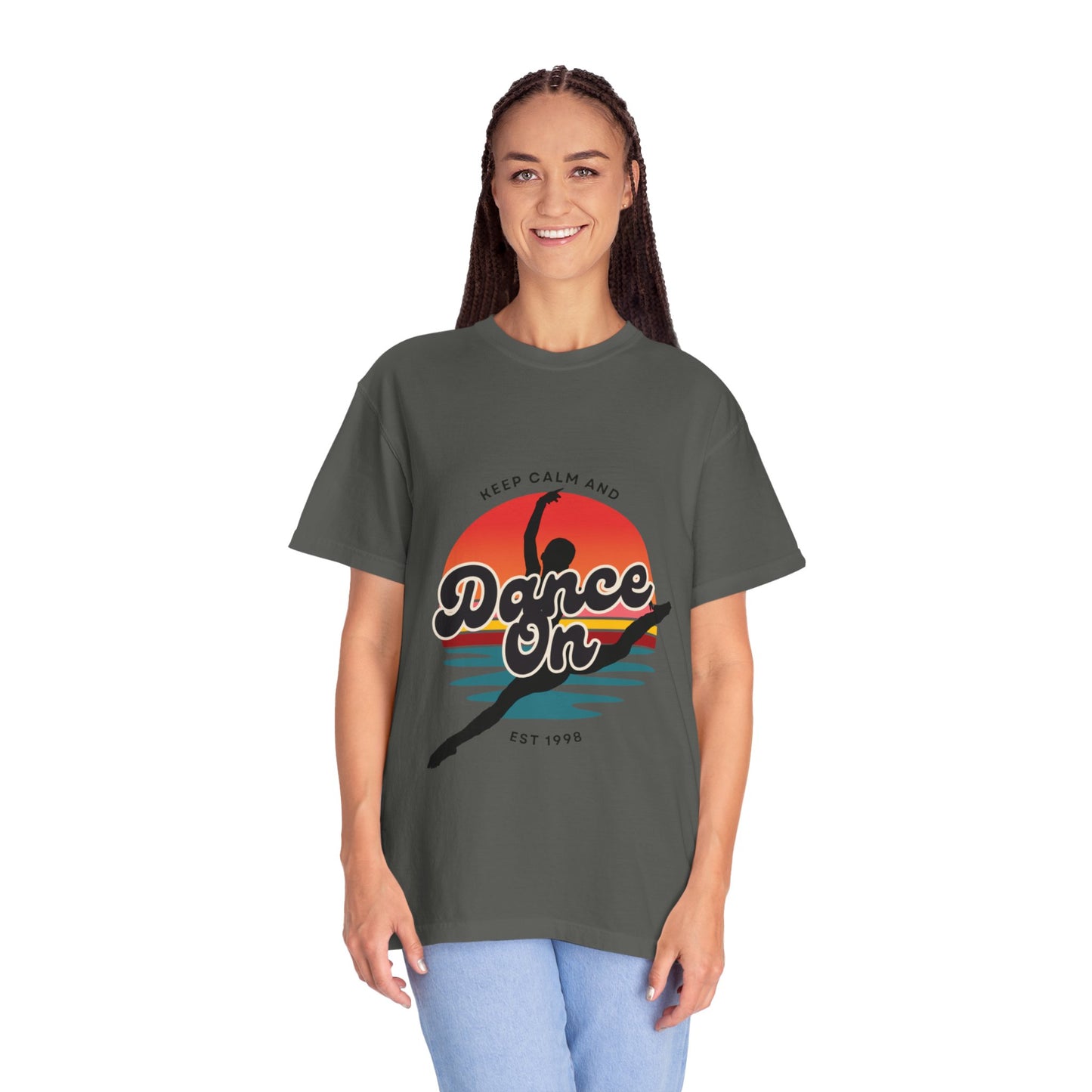 "Keep Calm and Dance On" Unisex Garment-Dyed T-Shirt – Retro Dance Graphic Tee – Vintage-Inspired Comfort Shirt for Dancers