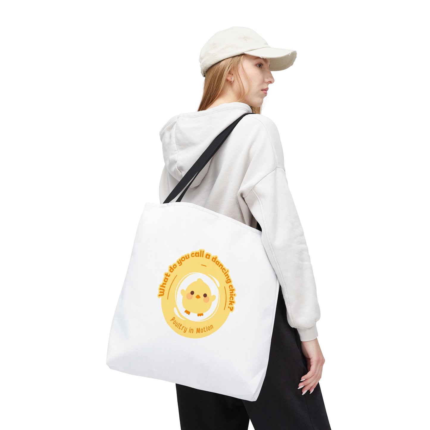 "What do you call a dancing chick? Poultry in Motion" Funny Dance Tote Bag – Kawaii Chicken Canvas Tote for Dancers & Dance Lovers