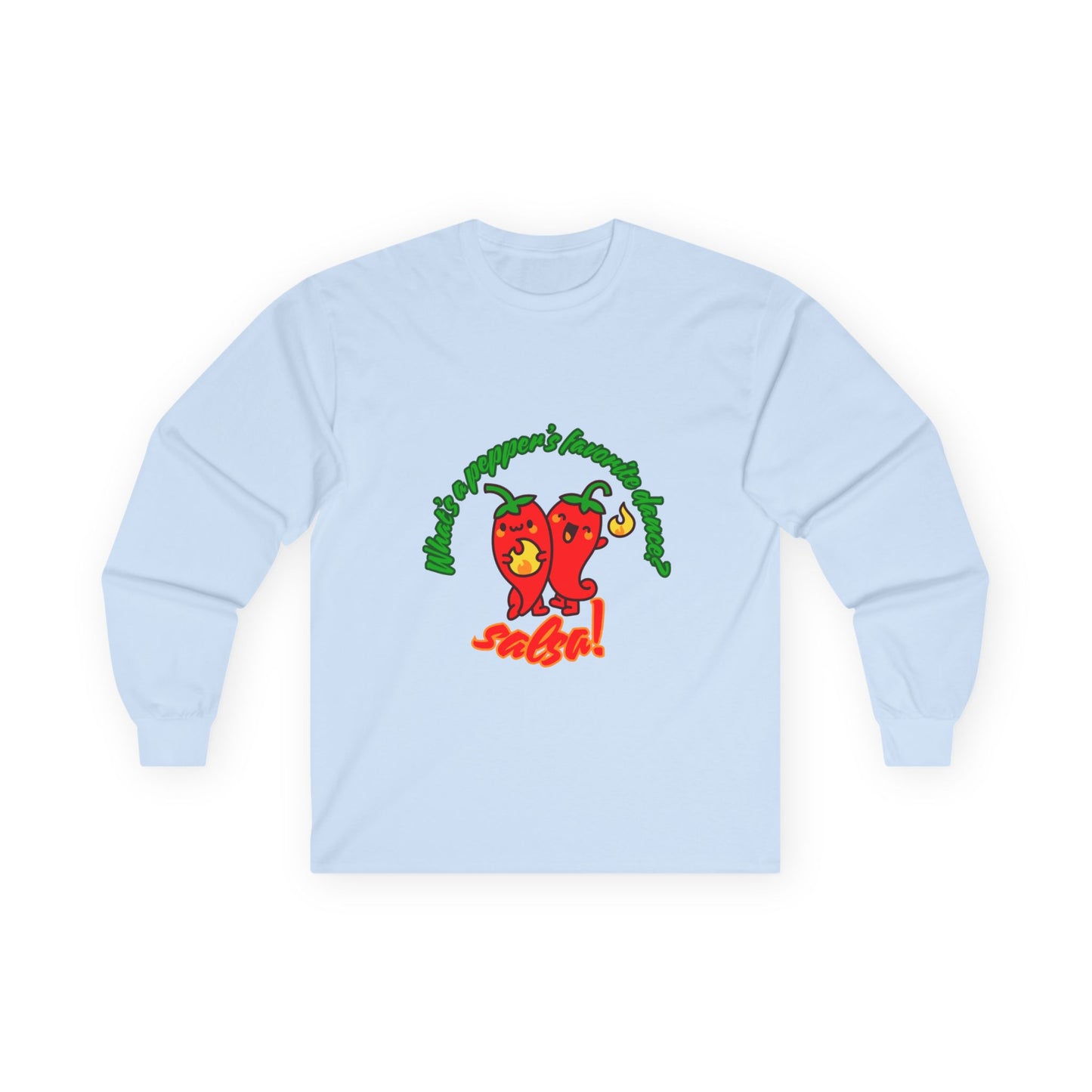 "What’s a Pepper’s Favorite Dance? Salsa!" Unisex Long Sleeve Tee – Funny Dance Pun Shirt with Cute Pepper Graphic for Dancers & Food Lovers