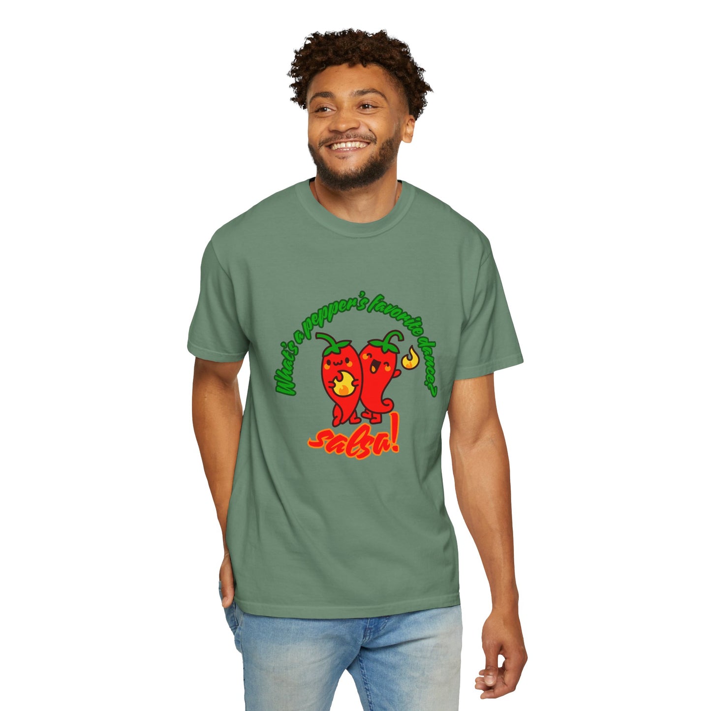 "What's a Pepper's Favorite Dance? Salsa!" Dance Pun Unisex Garment-Dyed T-Shirt – Funny Dance Joke Tee with Cute Pepper Graphic – Dance Humor Shirt for Food & Pun Lovers