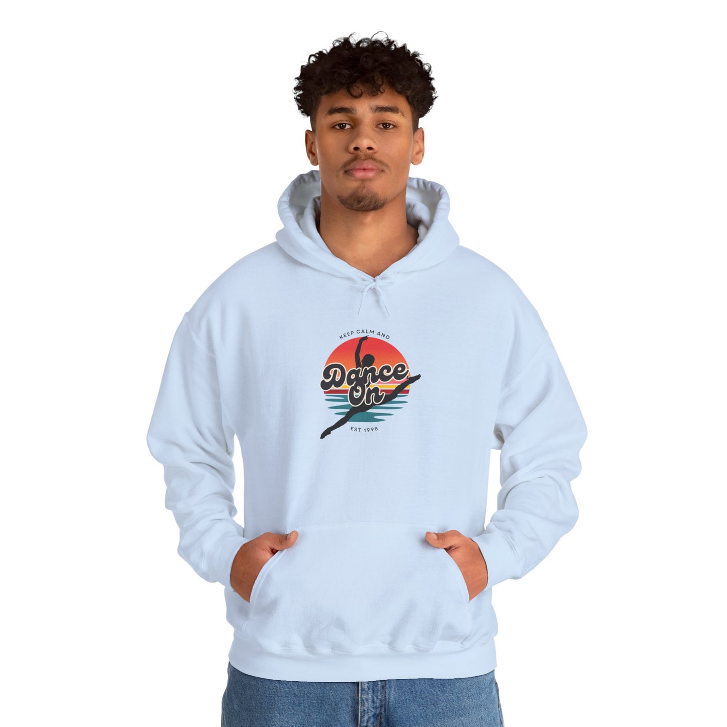 “Keep Calm and Dance On” Retro Hoodie – Unisex Dance-Inspired Hooded Sweatshirt for Dancers & Movement Lovers