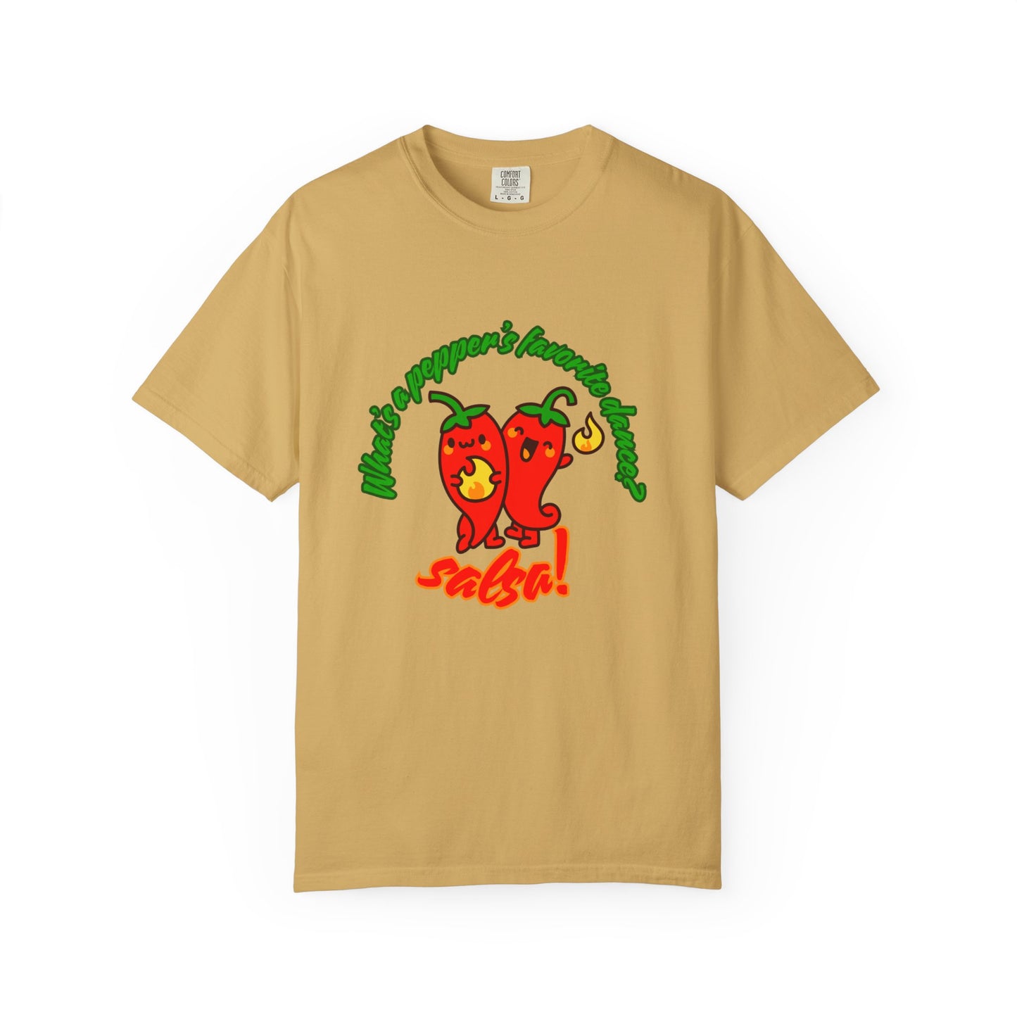 "What's a Pepper's Favorite Dance? Salsa!" Dance Pun Unisex Garment-Dyed T-Shirt – Funny Dance Joke Tee with Cute Pepper Graphic – Dance Humor Shirt for Food & Pun Lovers