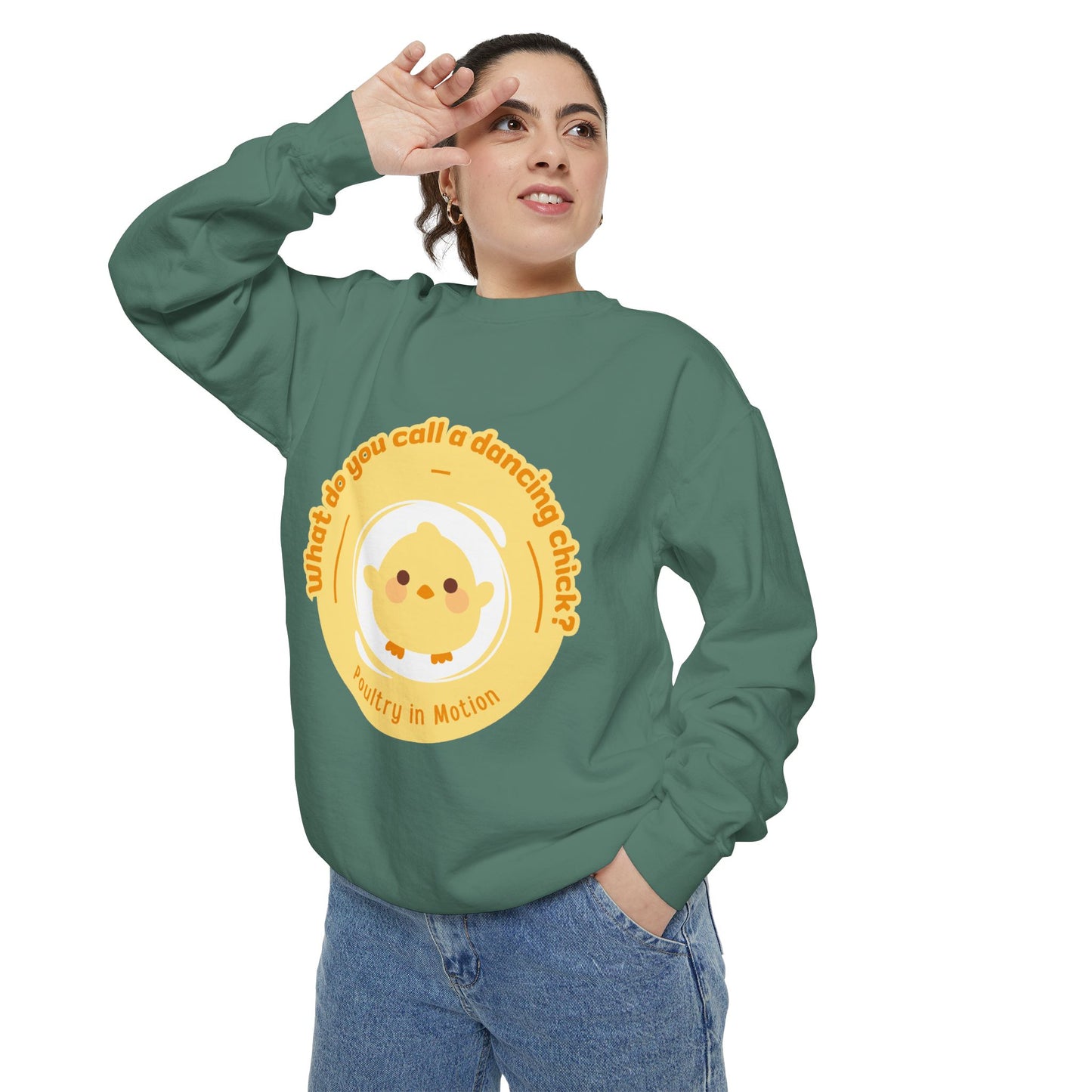 "What Do You Call a Dancing Chick? Poultry in Motion" Unisex Lightweight Crewneck Sweatshirt – Funny Dance Pun Pullover with Colorful Text Graphic for Dancers & Humor Lovers