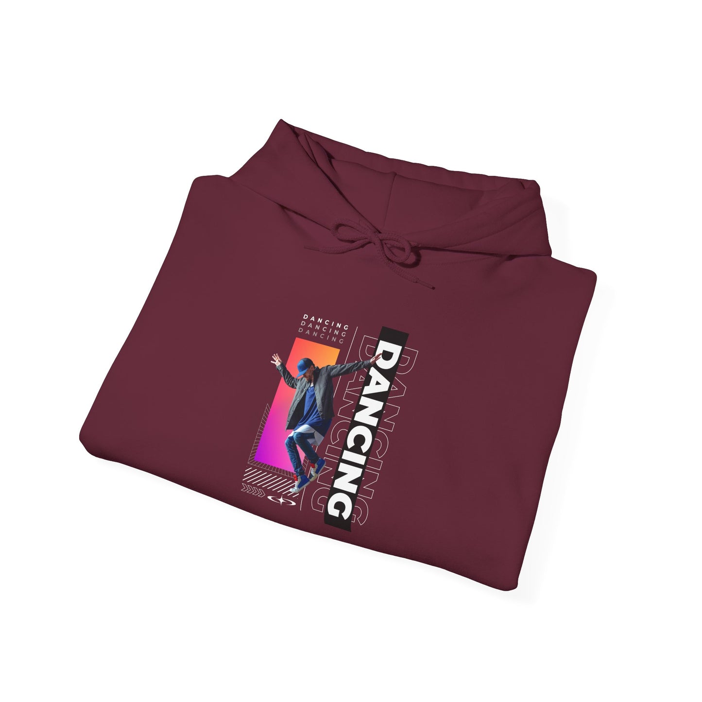 “Dancing” Text with Streetwear-Style Male Dancer Graphic – Unisex Heavy Blend™ Hooded Sweatshirt – Cozy Dance Hoodie for Performers & Dance Enthusiasts