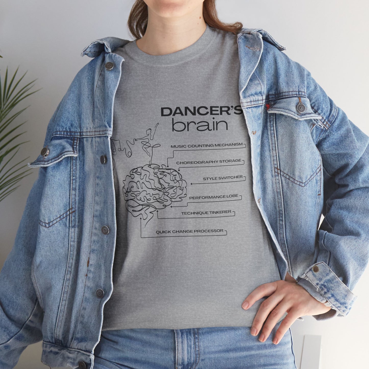 “Dancer’s Brain” Funny Dance Anatomy T-Shirt – Unisex Heavy Cotton Tee with Cute Dancer Brain Diagram and Optional Back Personalization