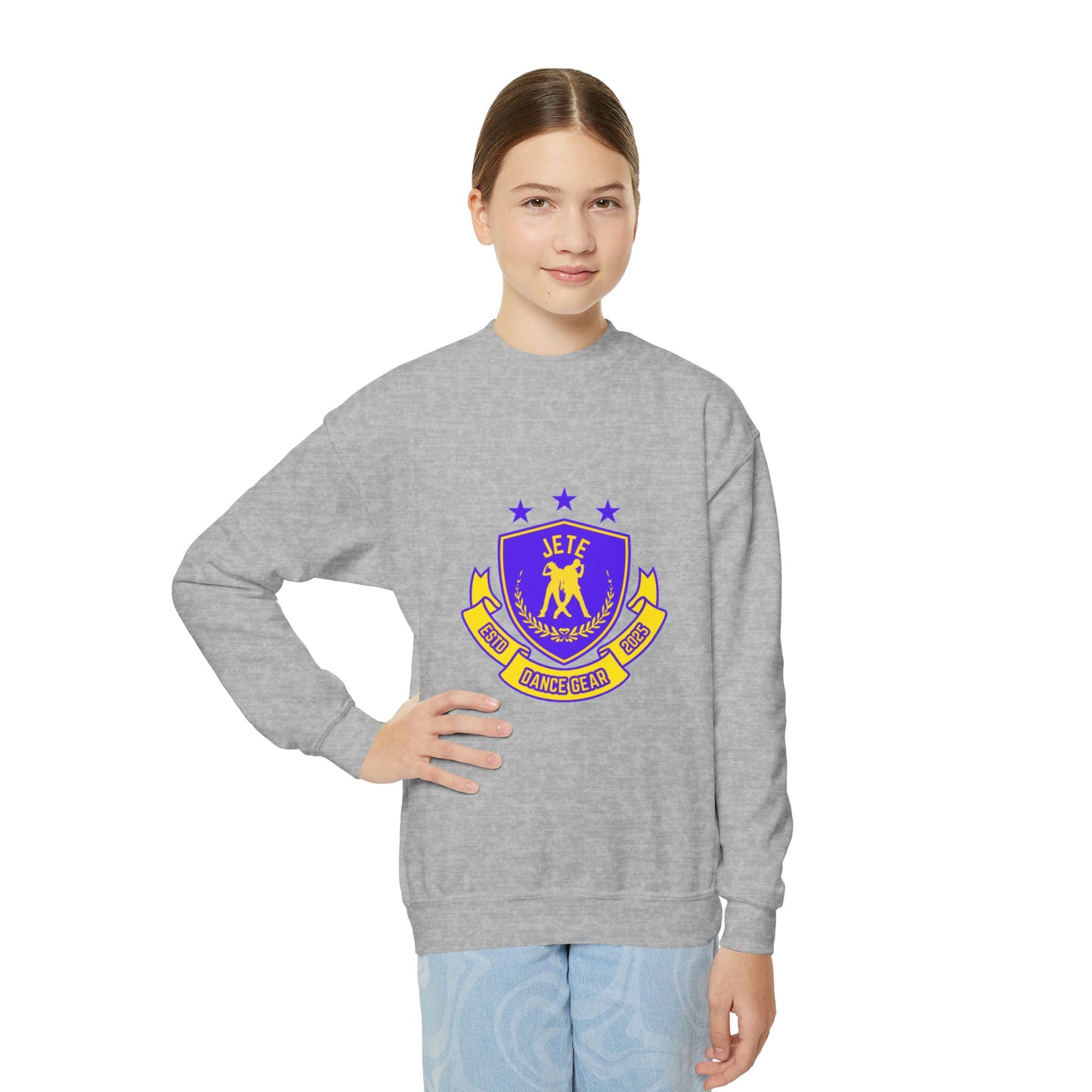 "Jeté Dance Gear" – Collegiate Style Youth Crewneck Sweatshirt | Bold Kids Dance Team Pullover