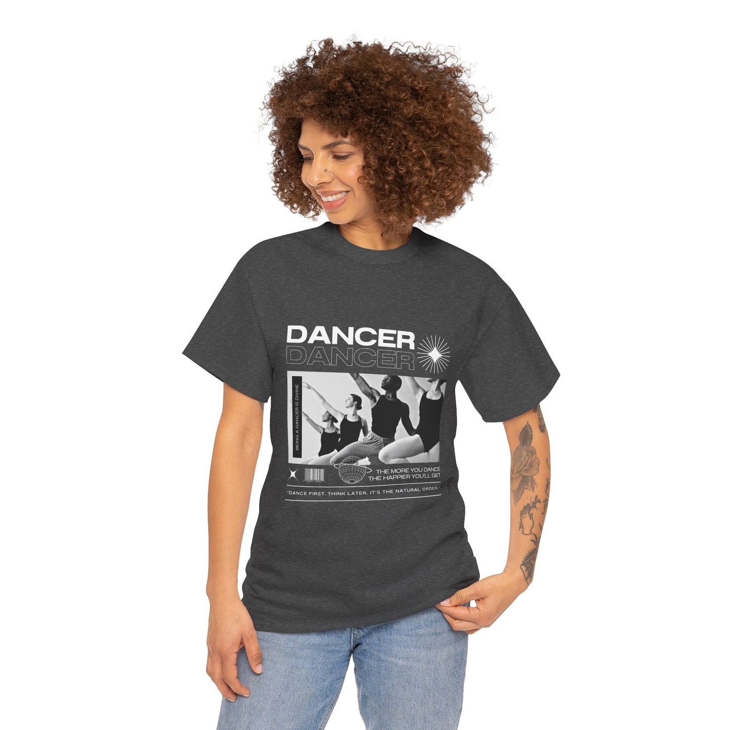 "Dancer" with ballet dancers at the Barre - Unisex Heavy Cotton Tee | Streetwear-Inspired Ballet Training Graphic T-Shirt for Dance Lovers