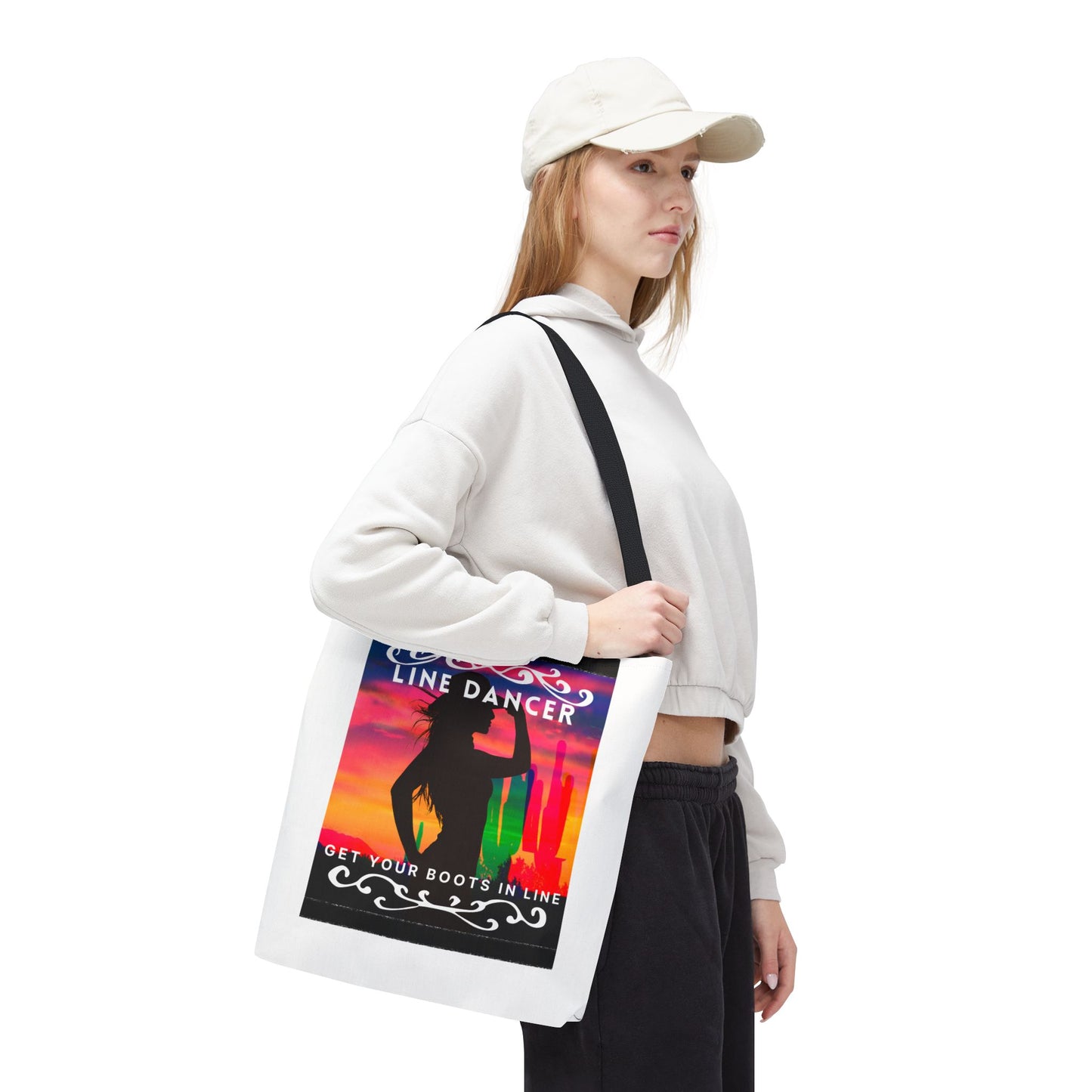 "Line Dancer, Boots on the Ground” Canvas Tote Bag – Cowgirl Graphic | Western Dance Bag for Country Lovers & Line Dancing Fans