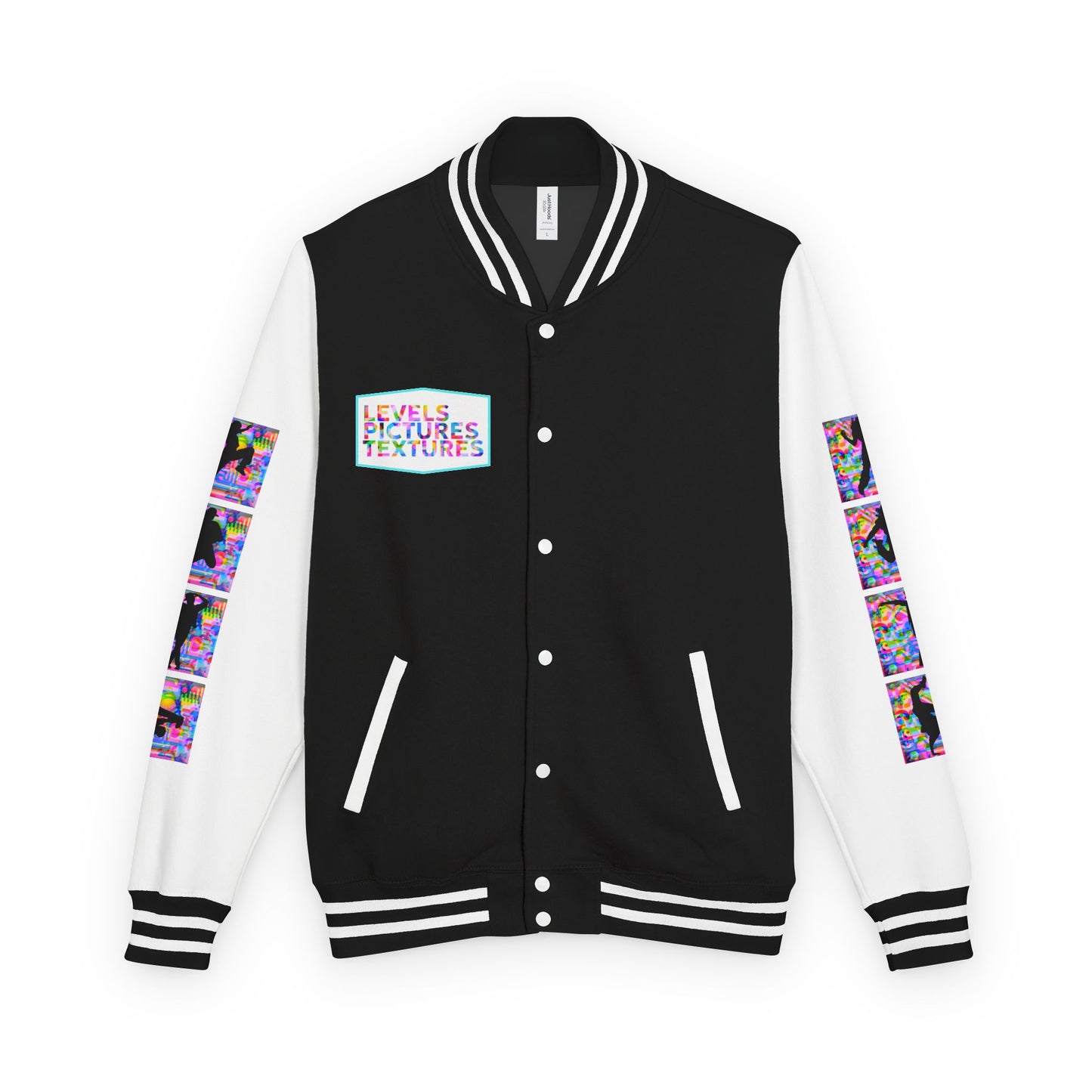 Levels Premium Collection Dance Letterman Jacket β Colorful Unisex Streetwear Varsity Jacket with "Levels Pictures Textures" Front and Dancer Silhouette Back Graphic