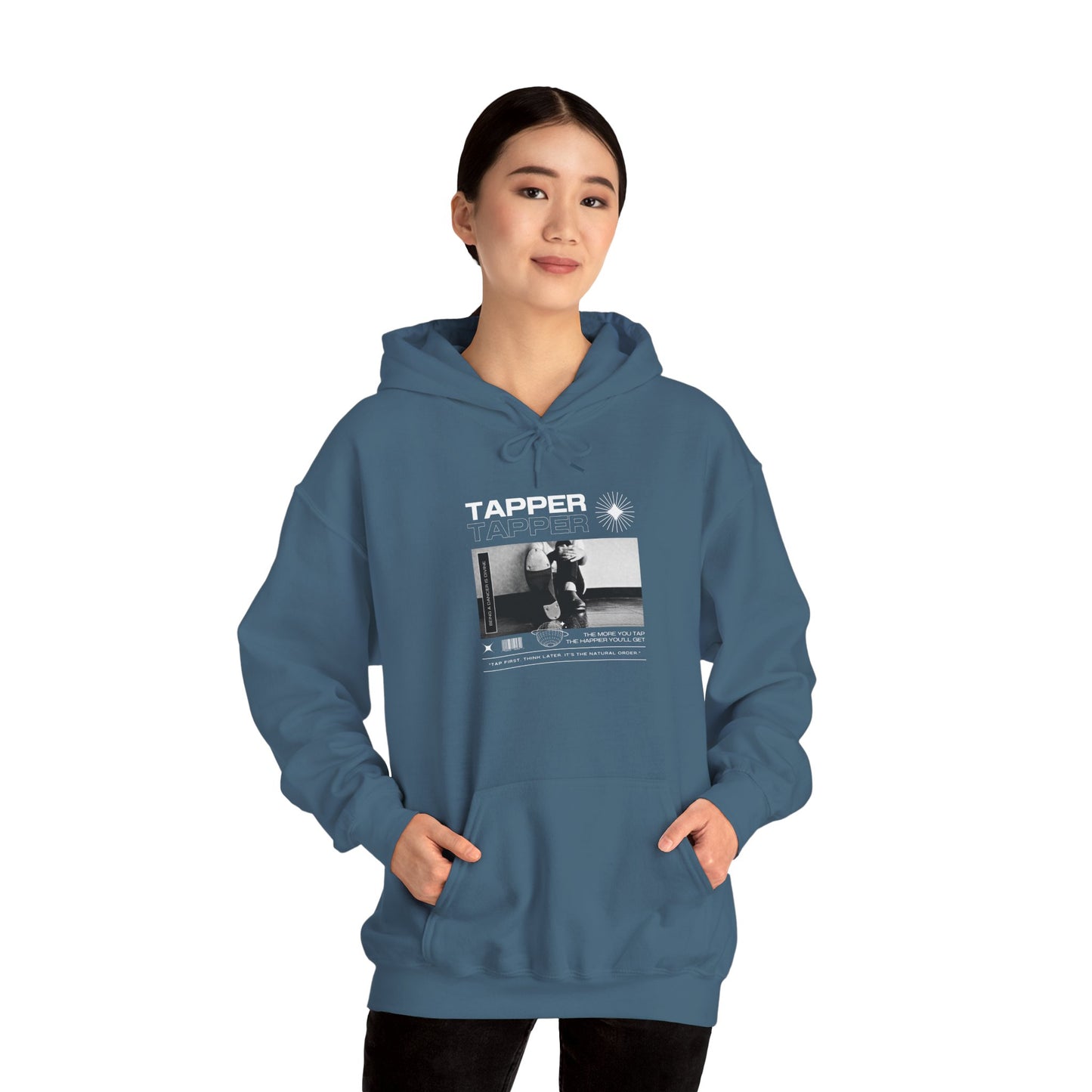 “Tapper” Tap Dance Text with Streetwear-Style Tap Shoes Graphic – Unisex Heavy Blend™ Hooded Sweatshirt – Cozy Dance Hoodie for Tap Dancers & Performing Arts Fans