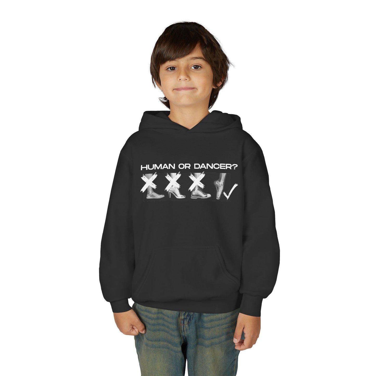 “Human or Dancer” Unisex Youth Hoodie with Cute X-Ray Ballet Feet Graphic – Personalized Dance Hoodie for Kids & Teens, Custom Name or Studio Option