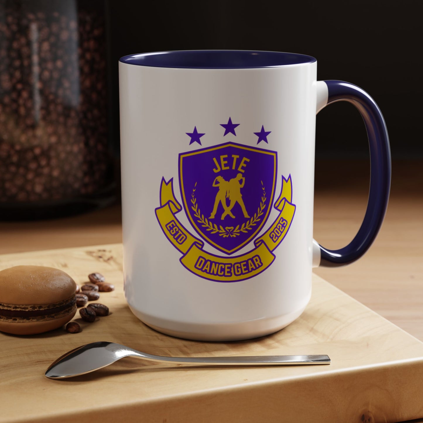 "Jeté Dance Gear Estd 2025" Accent Coffee Mug – Collegiate Style Ceramic Mug for Dancers and Studio Pride