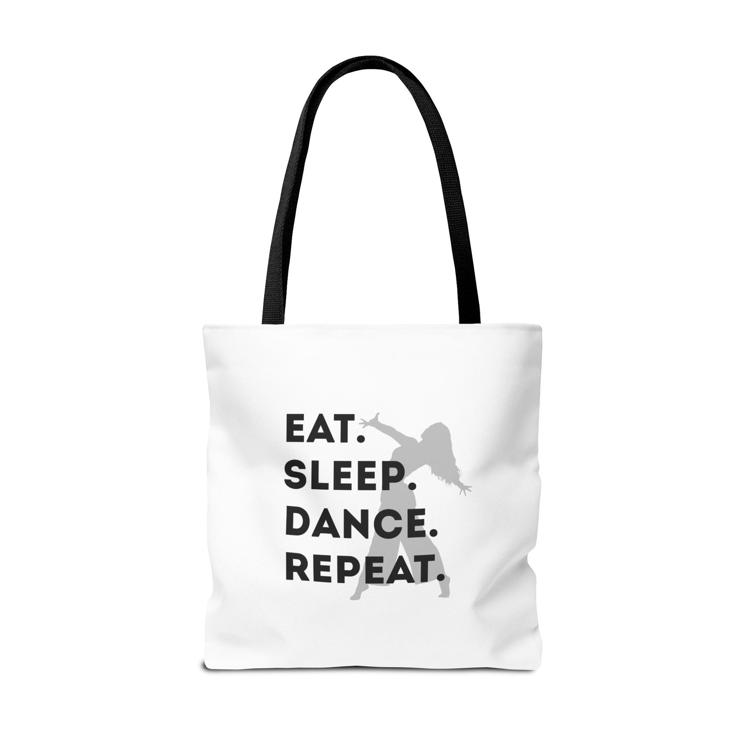 "Eat Sleep Dance Repeat" Canvas Tote Bag – Gray Dancer Silhouette Dance-Themed Reusable Shoulder Bag for Dancers, Studio, or Everyday Use
