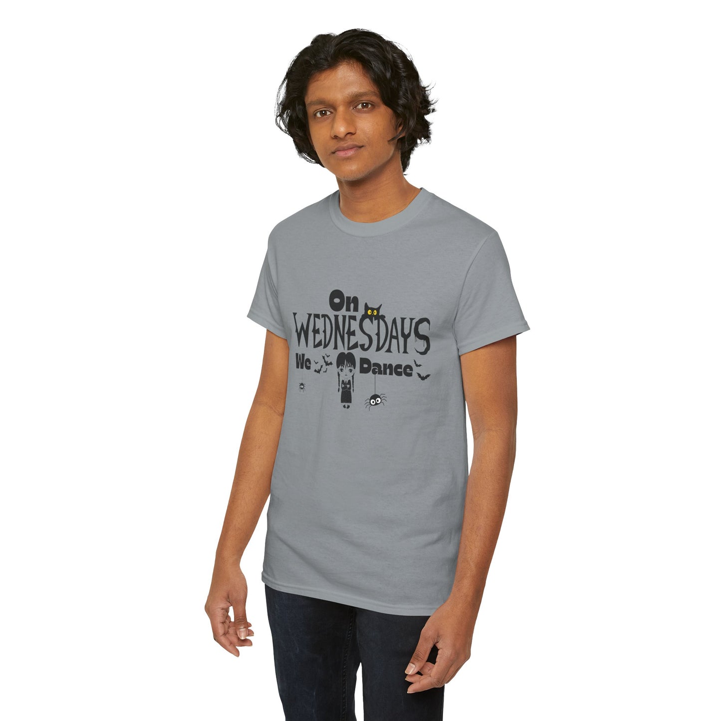 “On Wednesdays We Dance” Gothic Halloween T-Shirt with Cute Girl, Black Cat, Spiders & Bats - Unisex Heavy Cotton Tee