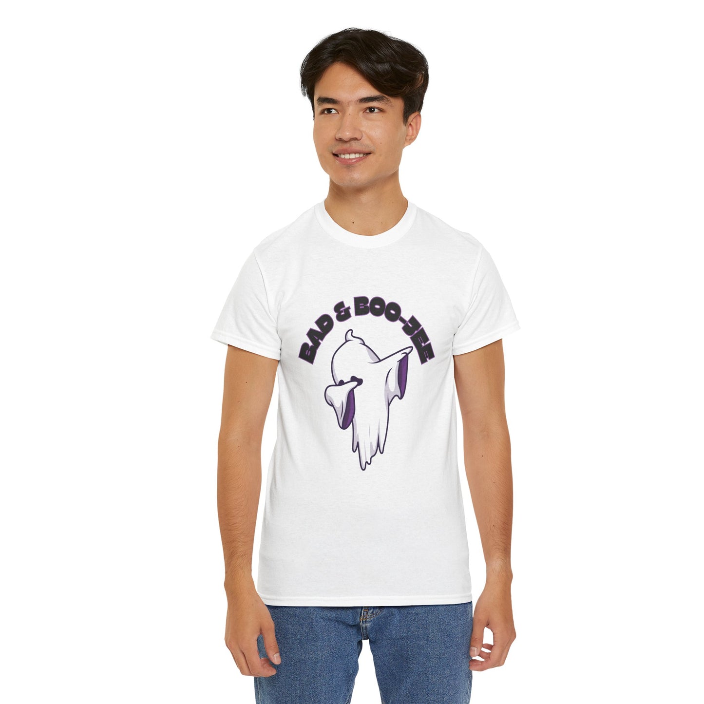 “Bad & Boo-jee” Funny Halloween Dance T-Shirt with Cute Ghost Dab Graphic - Unisex Heavy Cotton Tee
