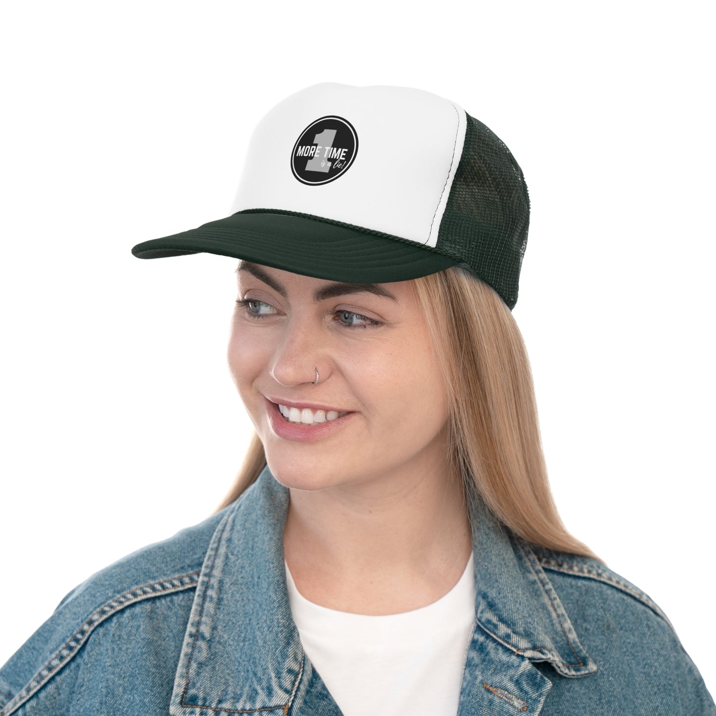 "One More Time is a Lie" Dance Quote Unisex Trucker Hat – Emblem Graphic Cap for Dancers & Dance Moms – Funny Dance Rehearsal Hat
