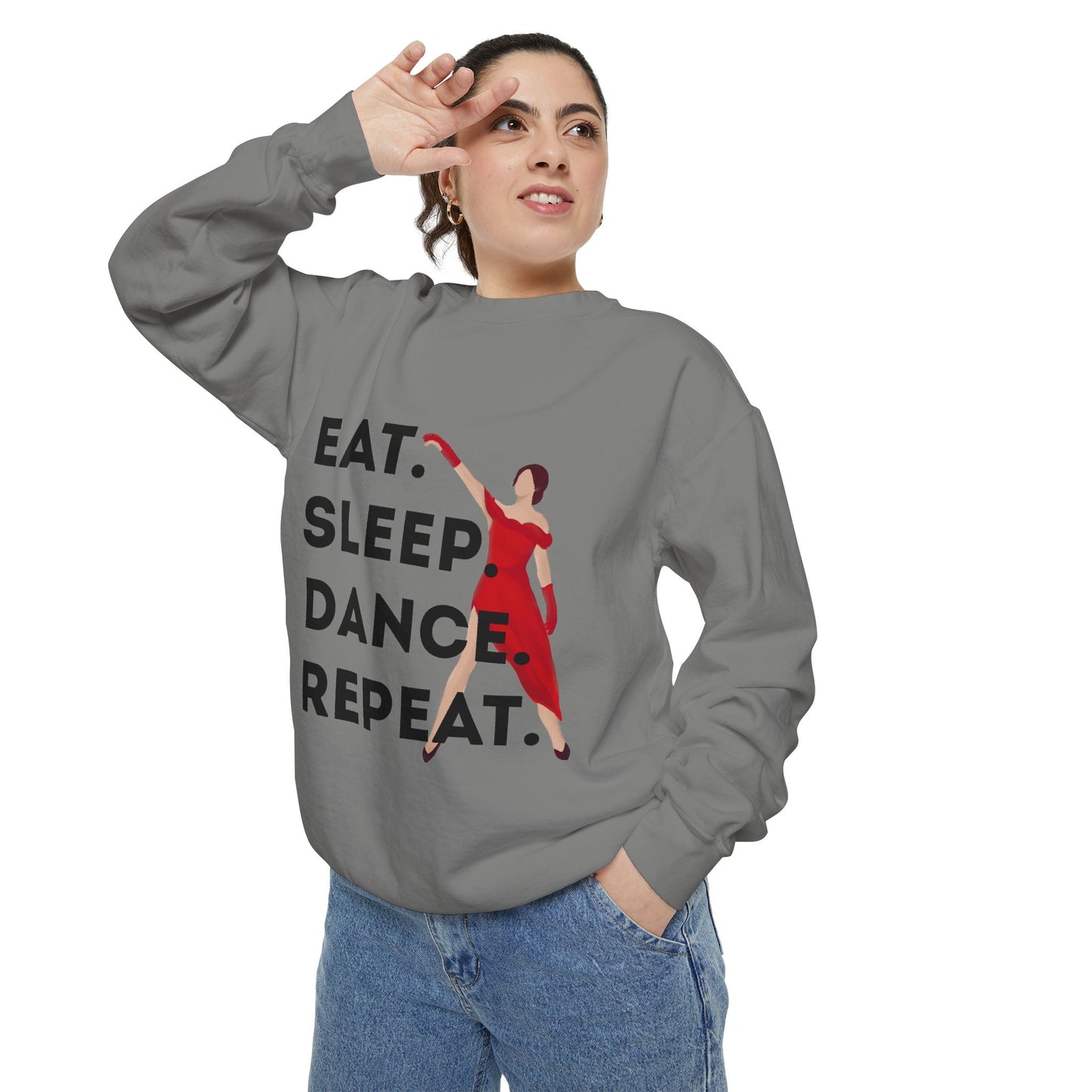 "Eat, Sleep, Dance, Repeat" Unisex Lightweight Crewneck Sweatshirt – Bold Dance Graphic Pullover for Dancers & Studio Life Enthusiasts