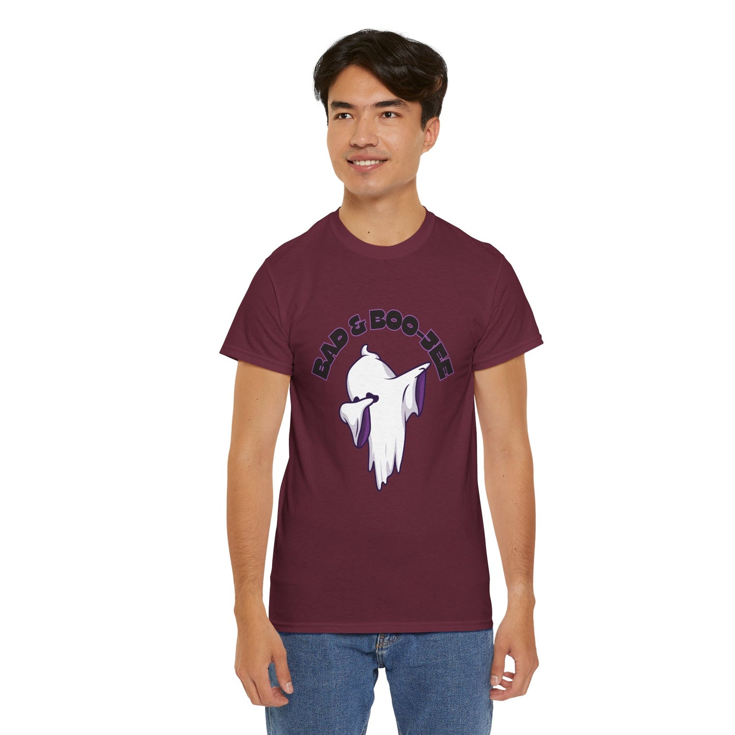 “Bad & Boo-jee” Funny Halloween Dance T-Shirt with Cute Ghost Dab Graphic - Unisex Heavy Cotton Tee